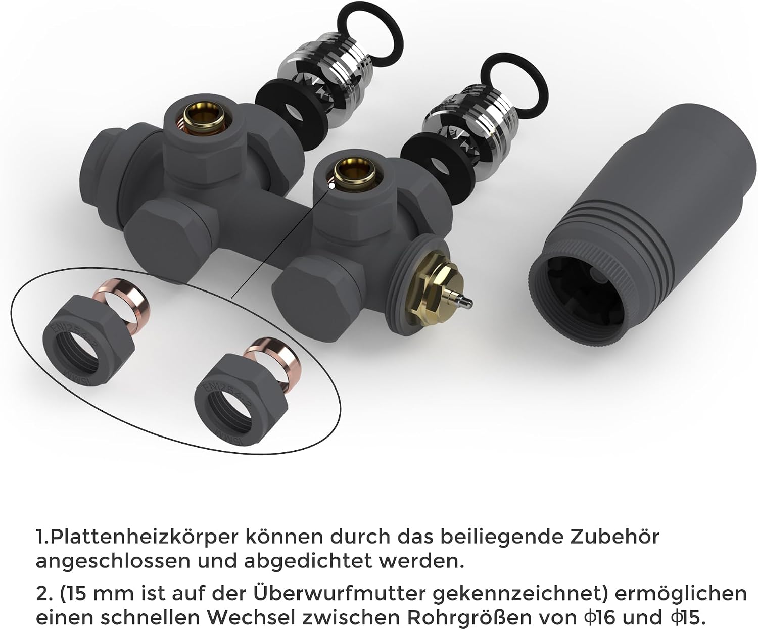 Detalle de VANCOCO Anthrazitgrau Multiblock mit Thermostat – Eck- & Durchgangsblock für 50 mm Centeranschluss