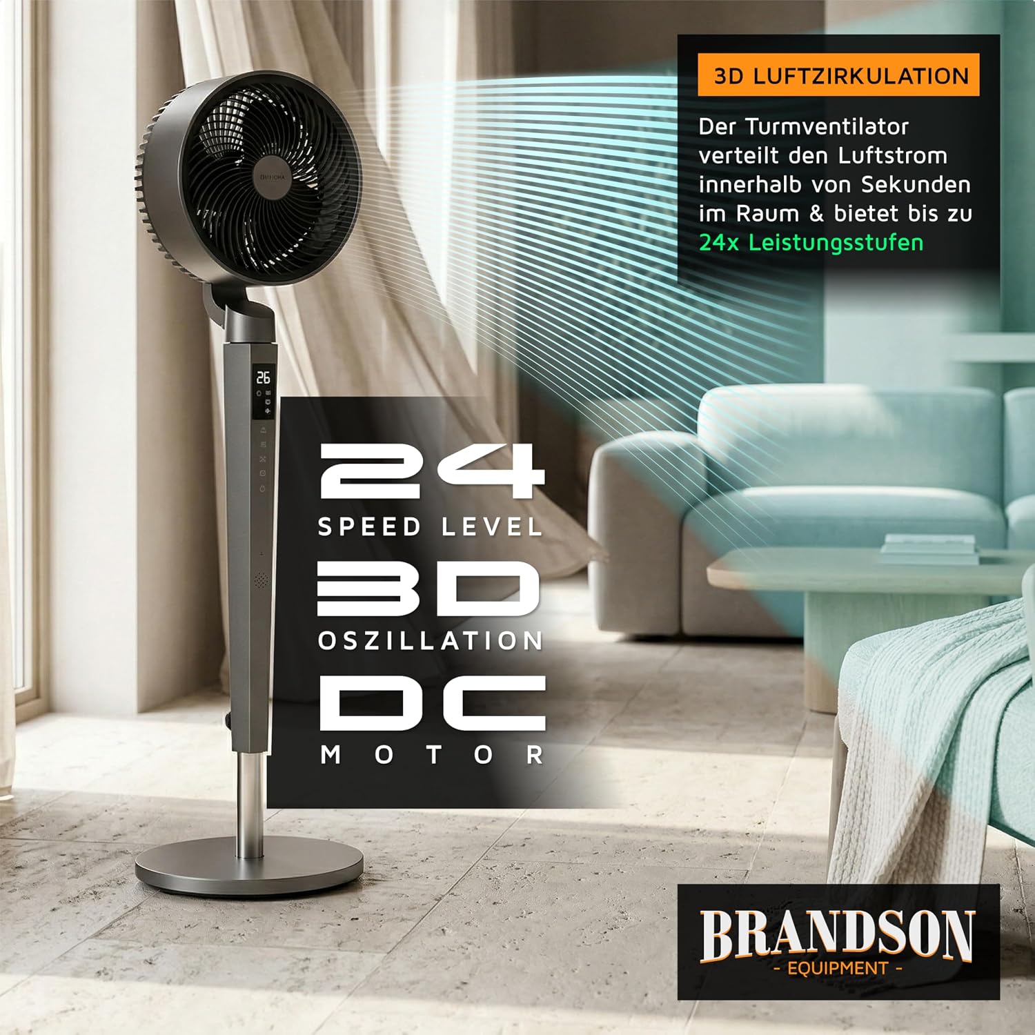 Detalle de Brandson 3D Standventilator mit DC-Motor – leise, energiesparend und flexibel einstellbar
