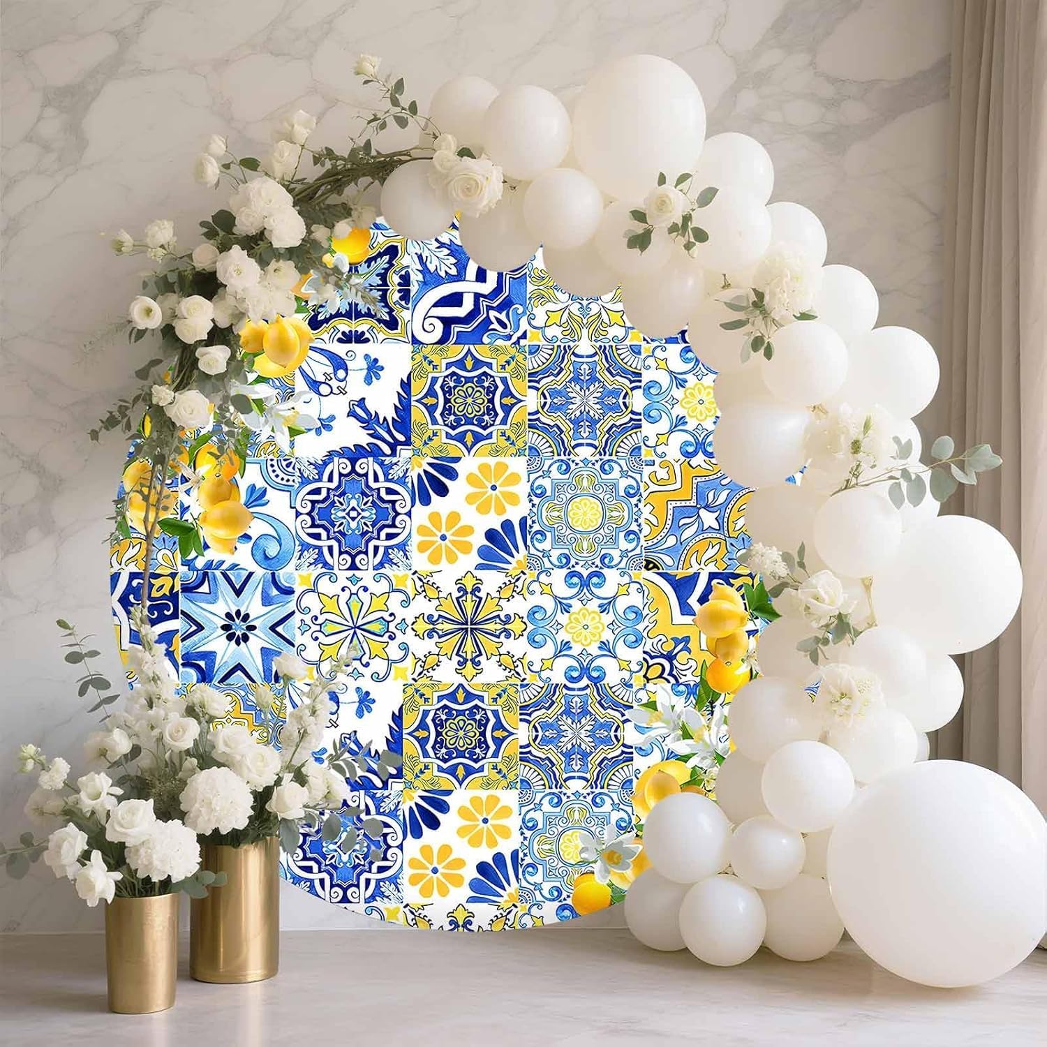 Thumbnail 3 de MEHOFOND 2m Round Backdrop — Yellow Lemon and Blue Tiles