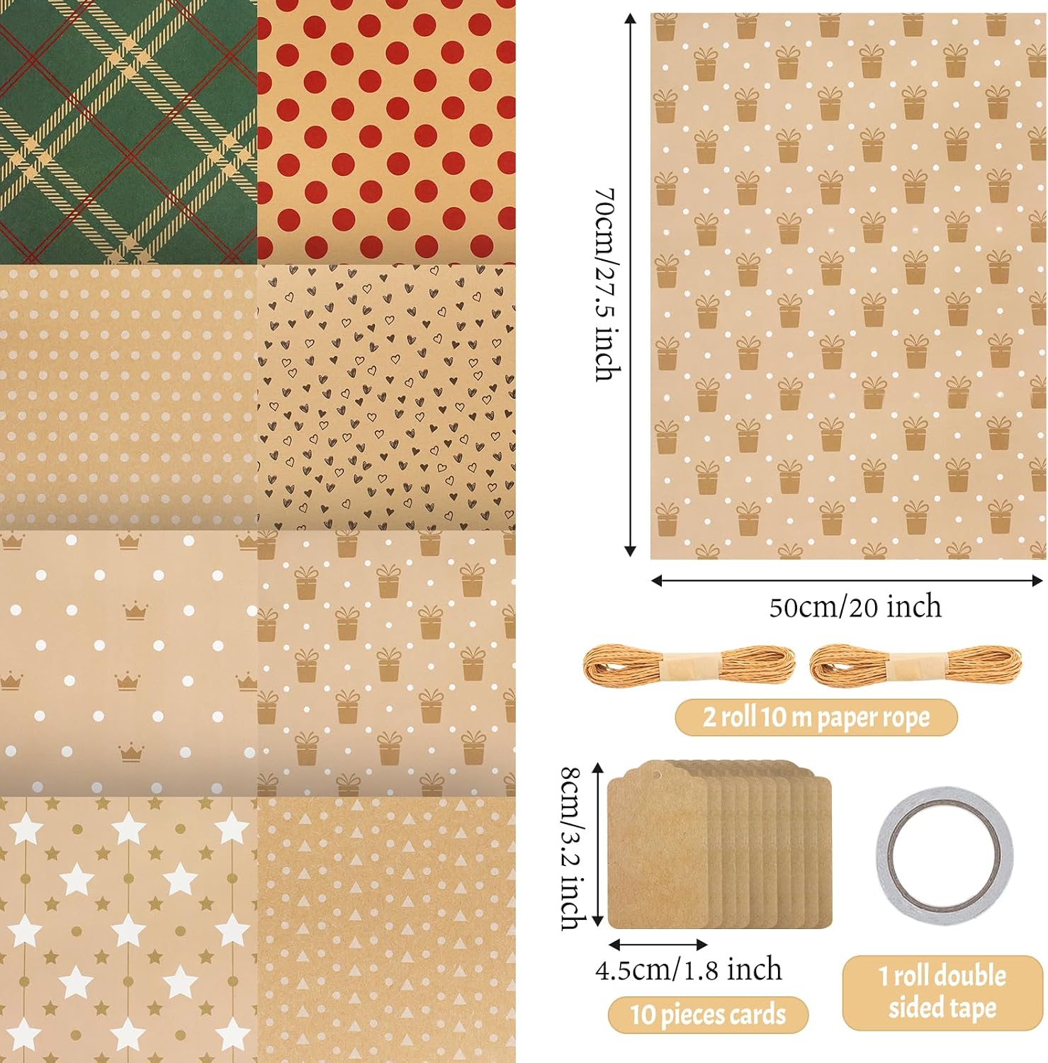 Detalle 2 de ZCOINS vintage kraft cadeaupapier set, 8 vellen van 50 x 70 cm met 8 dessins