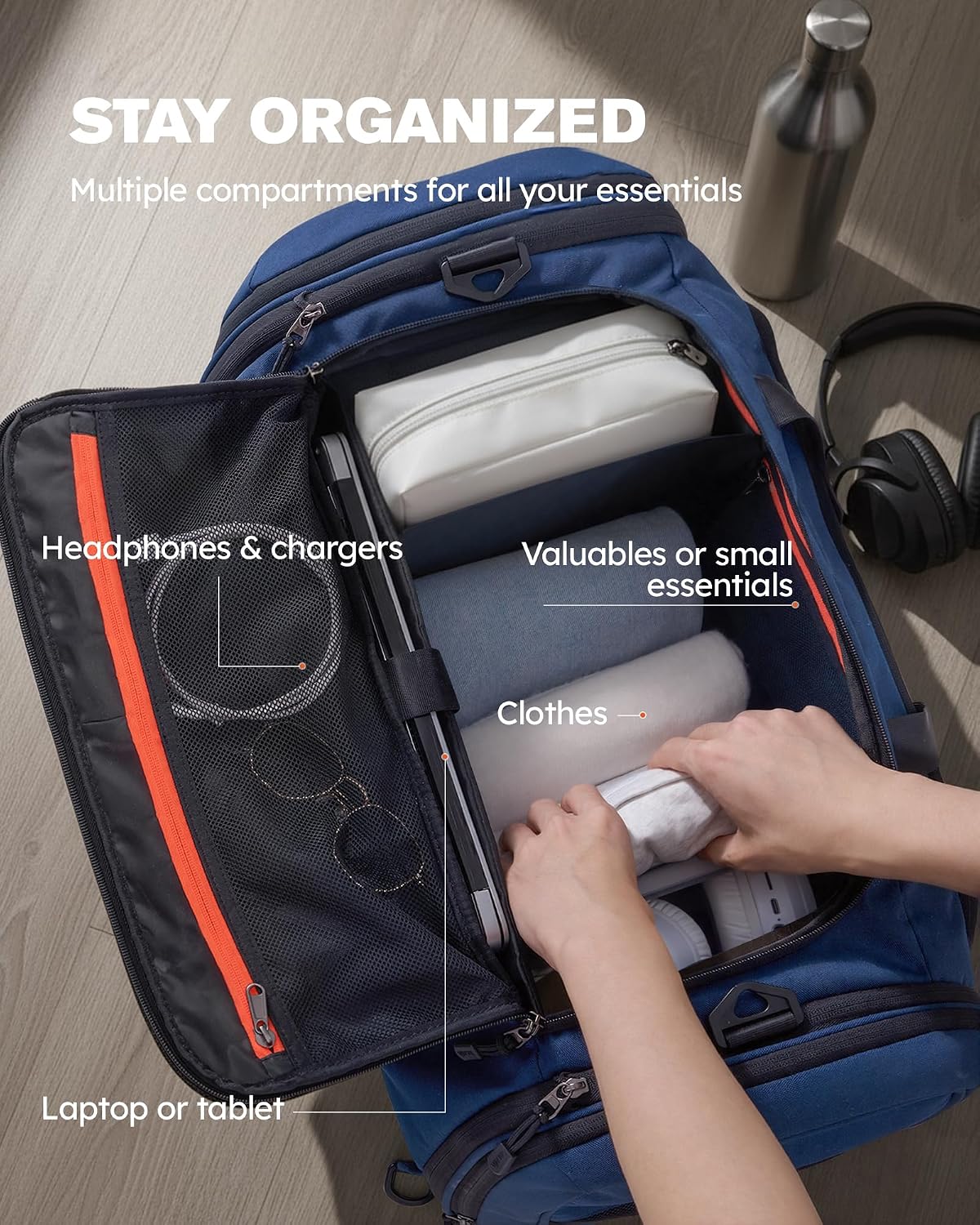 Detalle 2 de Tolaccea Sporttasche 56–70L (erweiterbar) mit Schuh- und Nassfach – als Rucksack tragbar, Blau