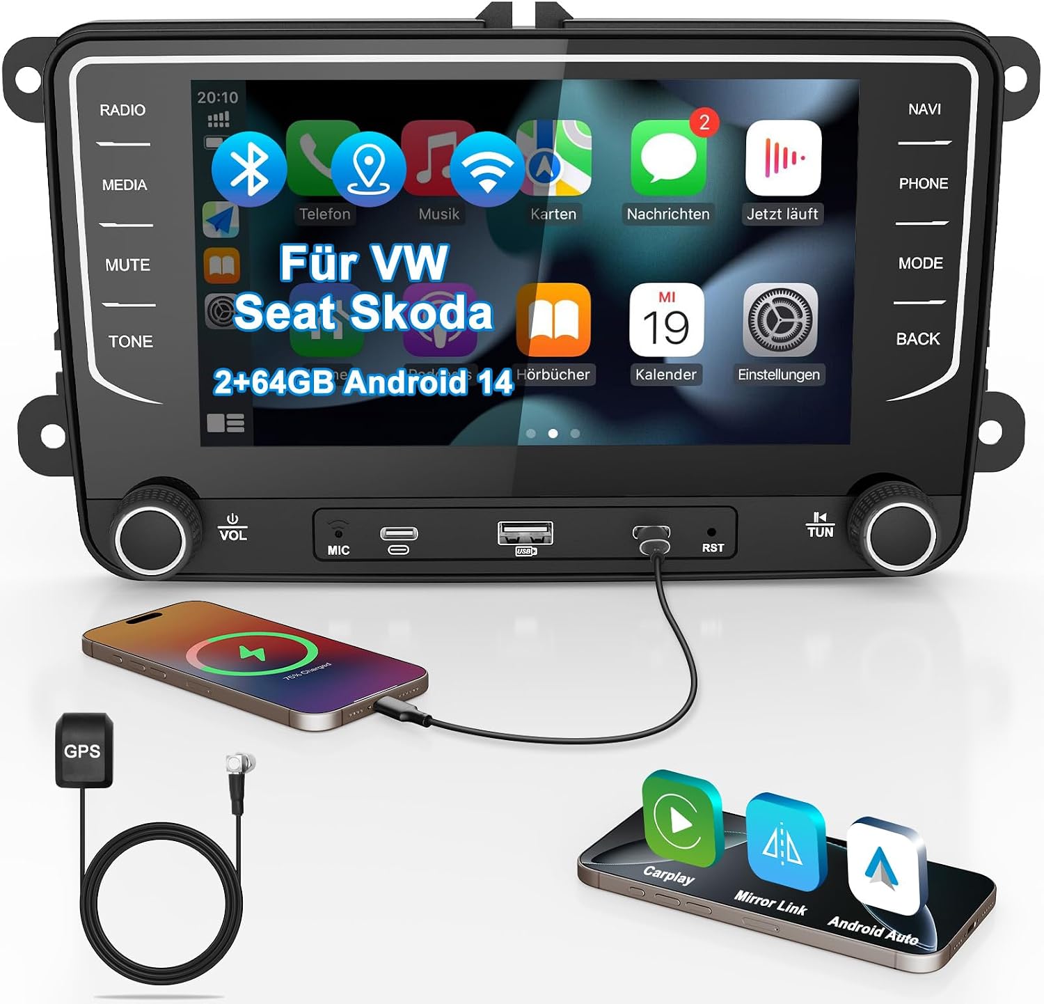 Autoradio 2+64GB Android 14 7 Zoll für VW Golf