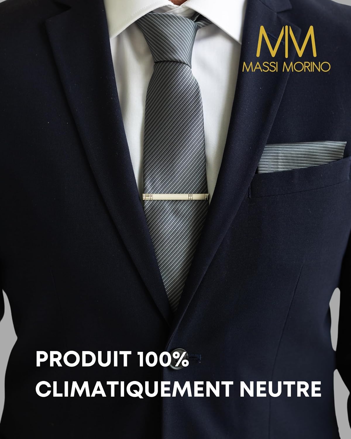 Detalle de Massi Morino Cravate Homme en coffret cadeau 5-en-1 avec mouchoirs de poche, boutons de manchette et pince à cravate