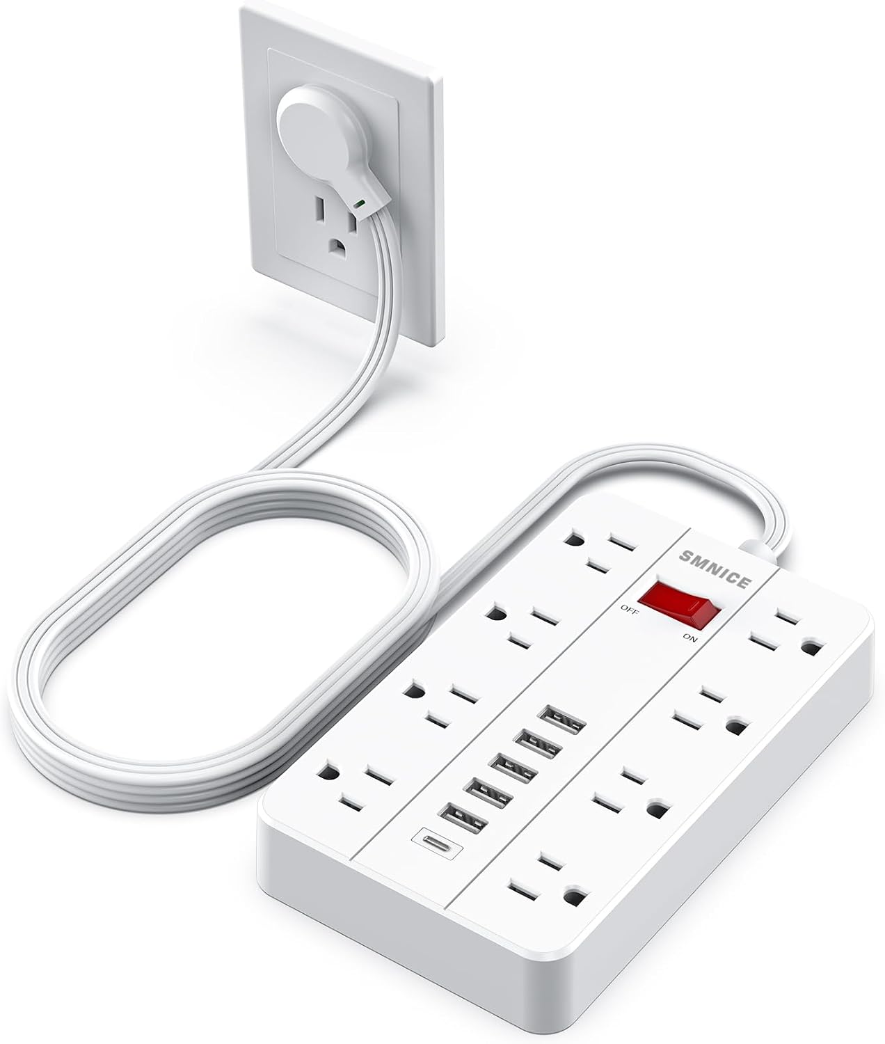 Detalle de SMNICE Power Strip with USB (Surge Protector, 8 Outlets + 6 USB Ports including USB-C), Flat Wall-Mountable Design
