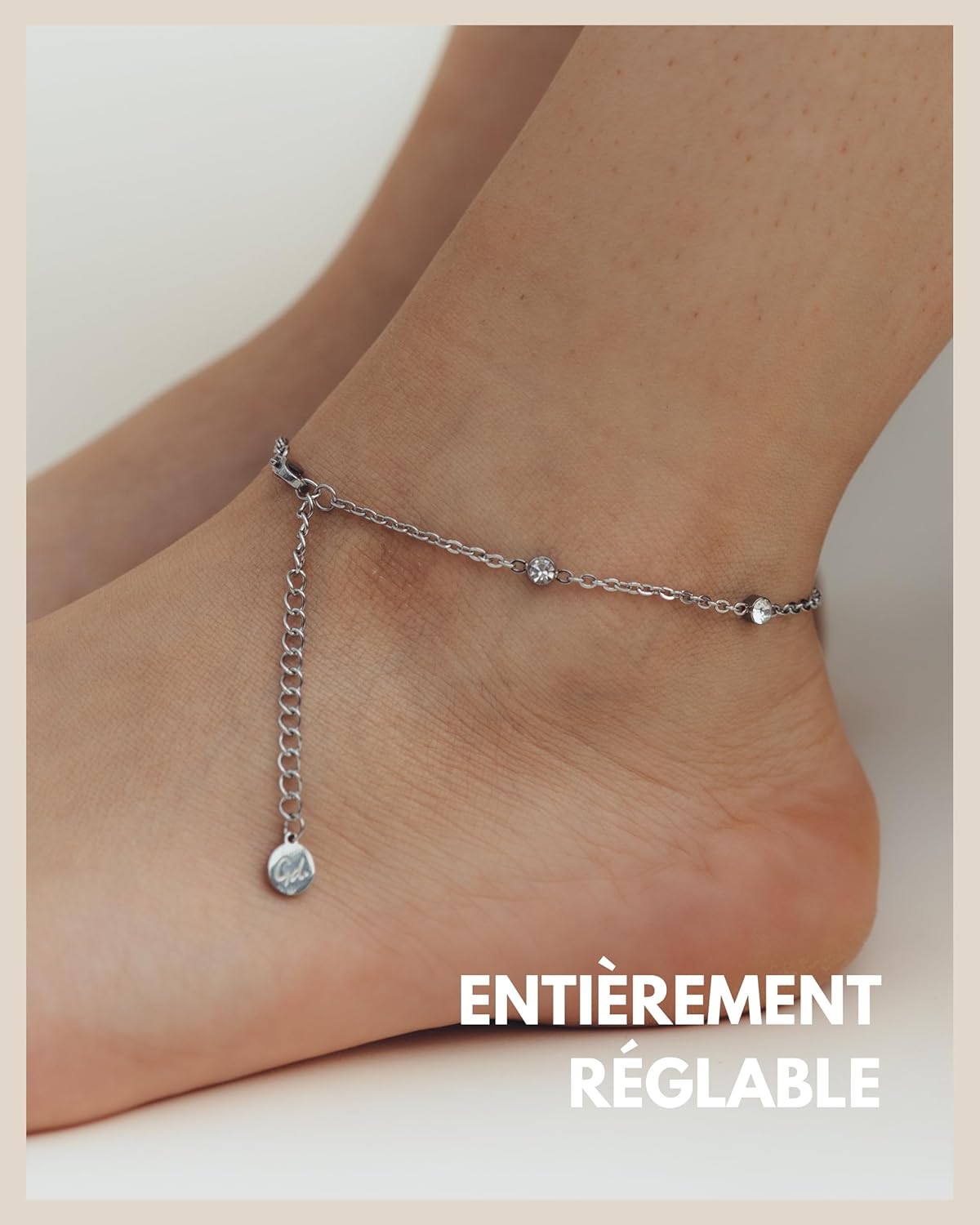 Detalle de Chaîne de cheville réglable pour femmes en acier inoxydable avec zirconium — étanche, 22 à 27 cm