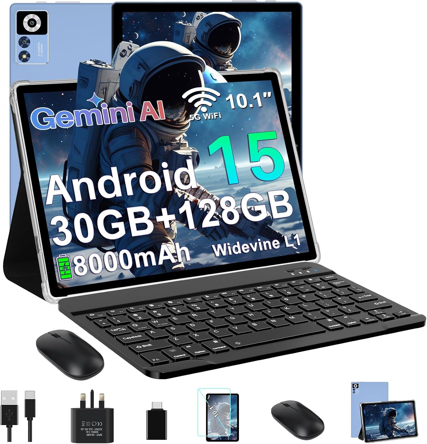 Detalle de Oangcc 2026 10-inch Android 15 tablet with 5G WiFi, 30GB RAM + 128GB storage, Widevine L1 and keyboard bundle (blue)