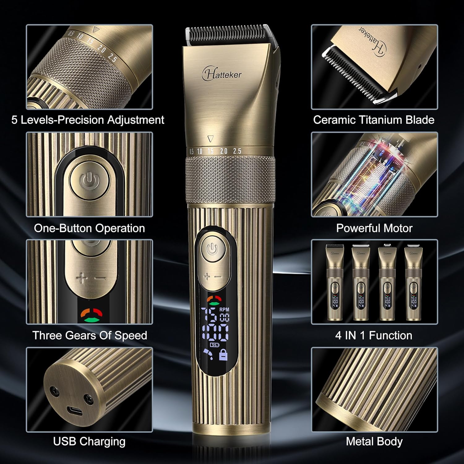 Detalle de Hatteker Tagliacapelli Uomo Professionale 4 in 1: kit toelettatura impermeabile per capelli e barba