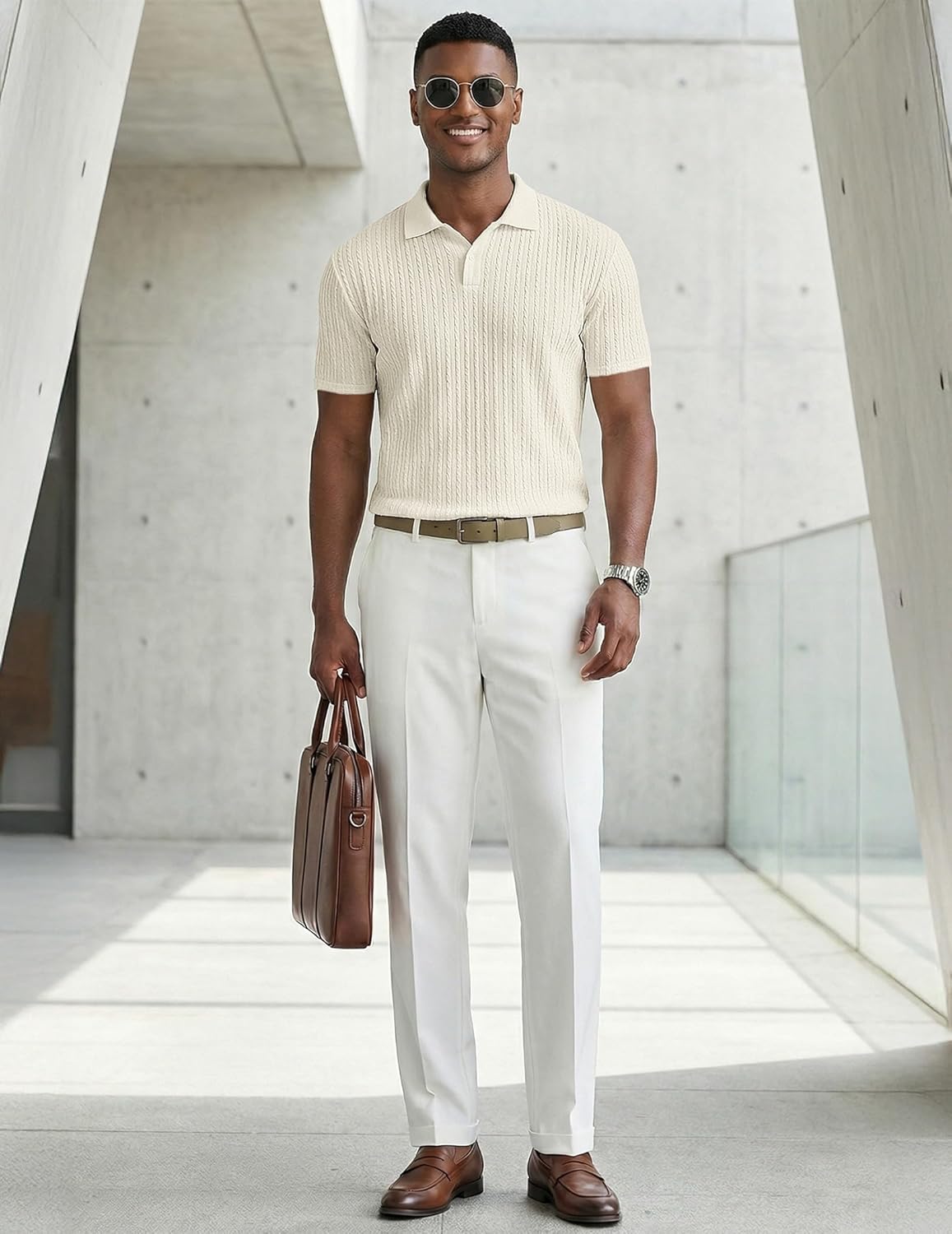 Thumbnail 3 de JMIERR Men’s Vintage Knit Polo Shirt with 2-Button Closure (Short Sleeve)