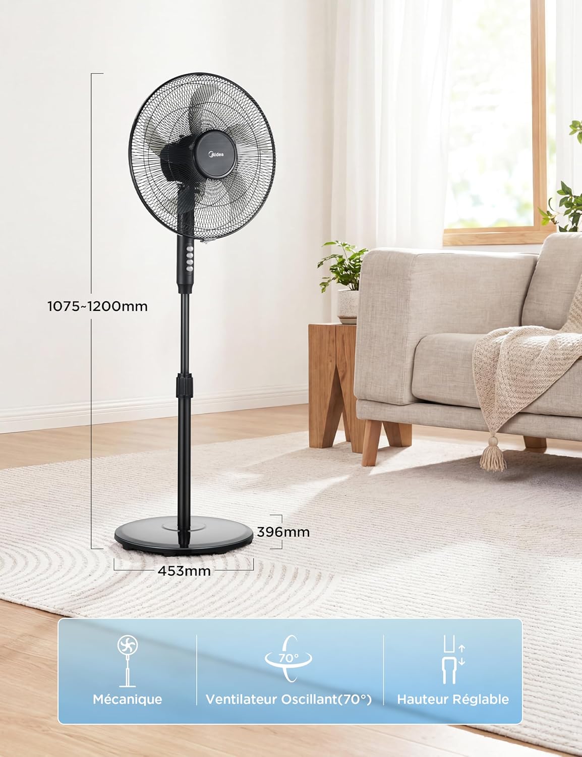 Thumbnail 1 de Midea Ventilateur sur Pied 107,5–122 cm – 40 W, 5 pales, oscillant, télécommande, noir