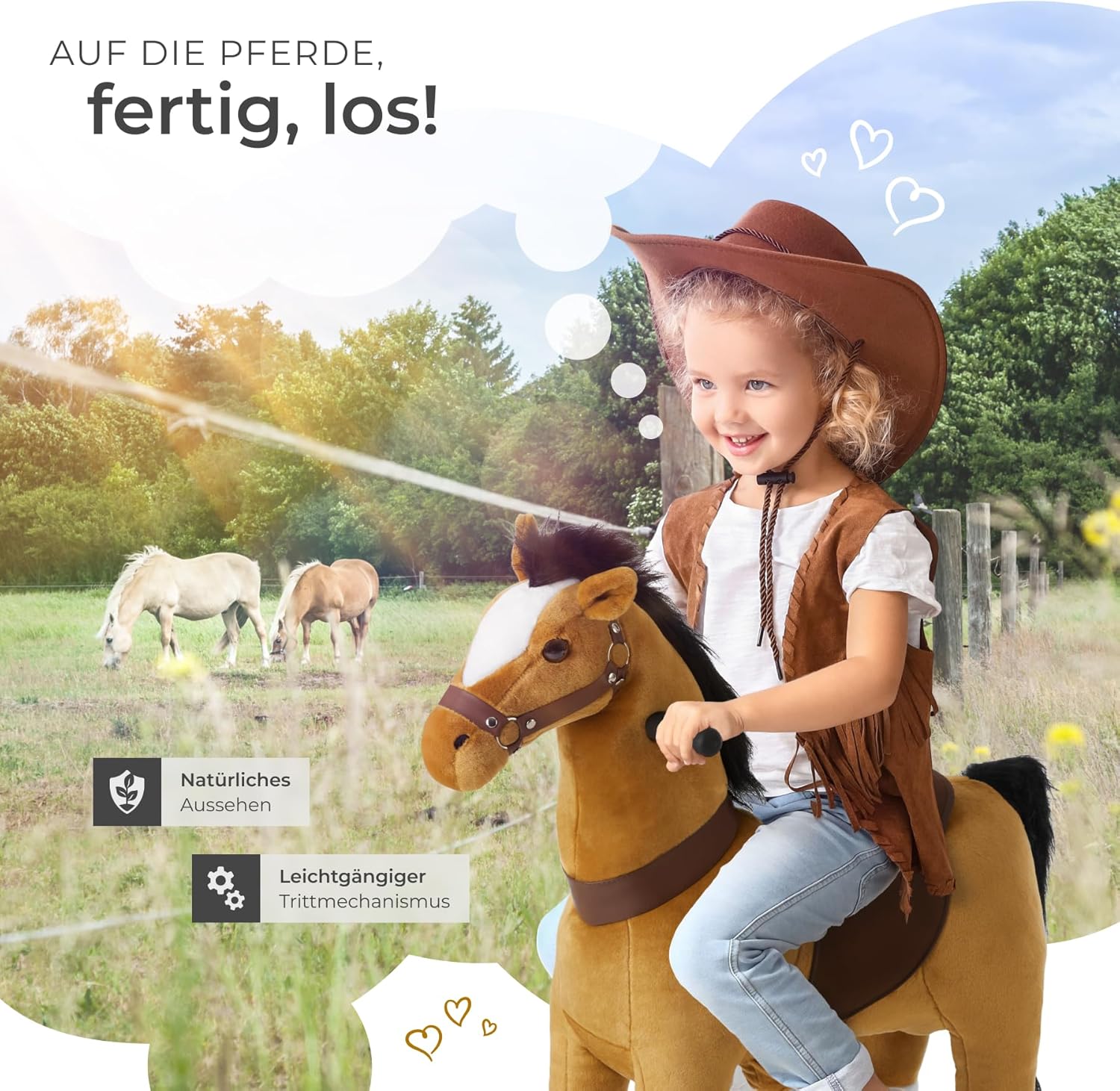 Thumbnail 6 de tectake® Schaukelpferd mit Rollen: Plüsch-Stehpferd zum Draufsitzen & Reiten (29 x 76 x 85 cm)