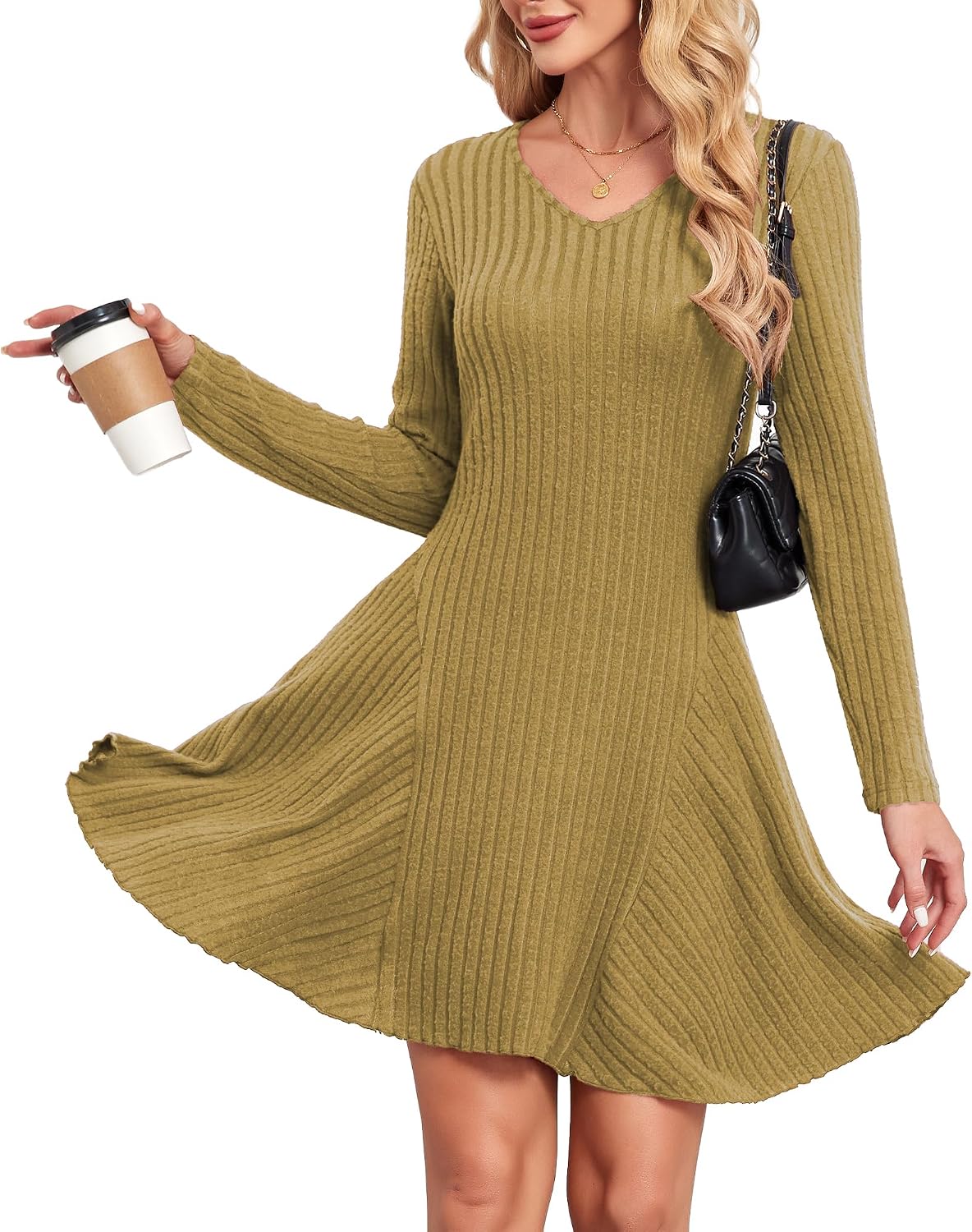 Detalle 2 de Robe pull tricotée femme SENBATU à col en V et manches longues