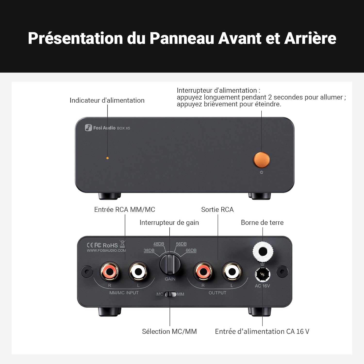 Thumbnail 6 de Fosi Audio BOX X5 phono-voorversterker voor MM/MC met vier gainstanden