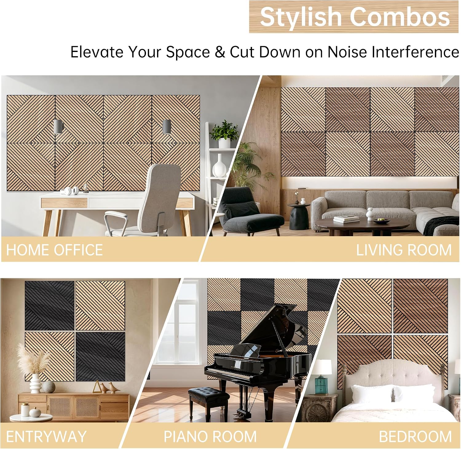Detalle de Mollywell Acoustic Wall Panels, Natural Oak, 8 Pack, 23.6 x 23.6 in