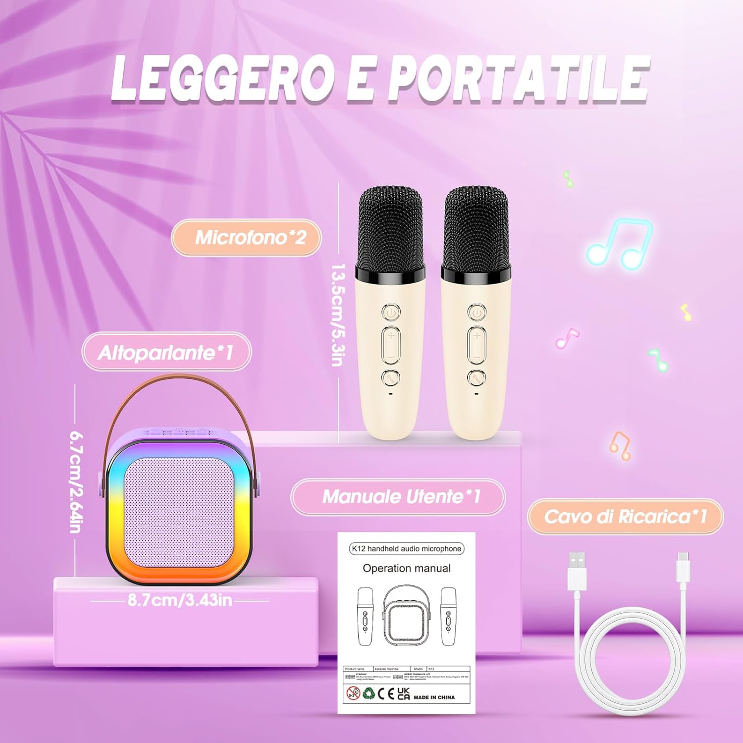 Detalle 1 de Dislocati Regalo Bambina 3-12 Anni: Karaoke Bluetooth Compatto con Luci e Voci Magiche