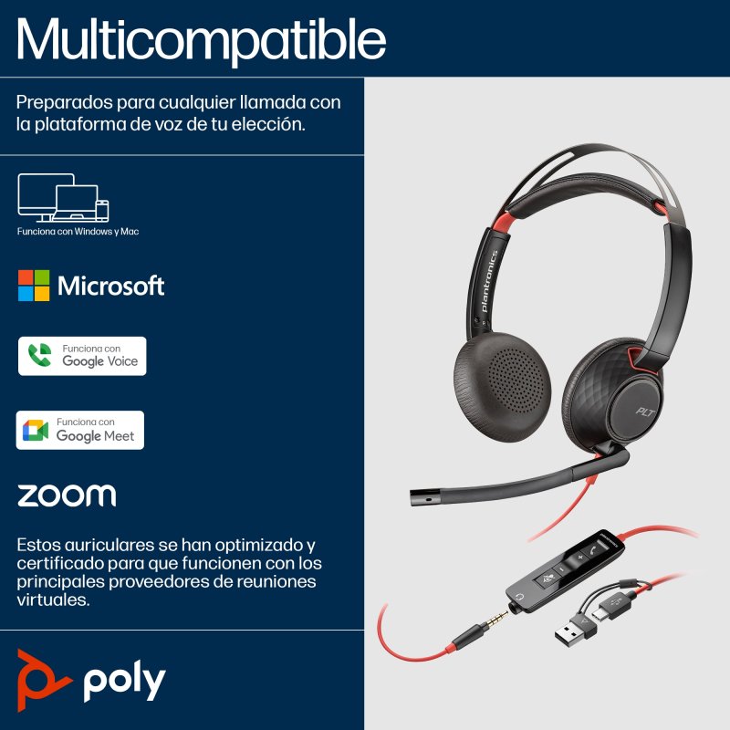 Detalle de Auriculares Poly con cable USB-C y 3.5 mm con cancelación de ruido y micrófono Boom