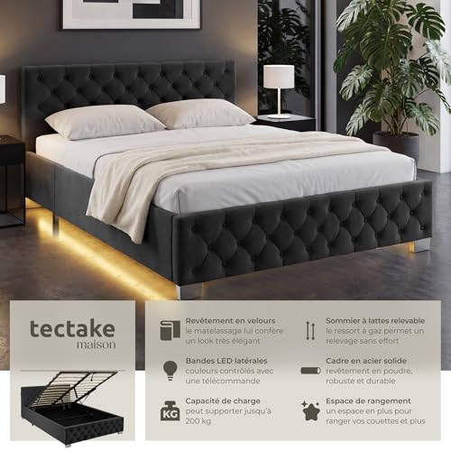 Thumbnail 2 de tectake Lit capitonné 140x200 avec sommier, coffre et éclairage LED – cadre acier époxy, tête de lit design Chesterfield