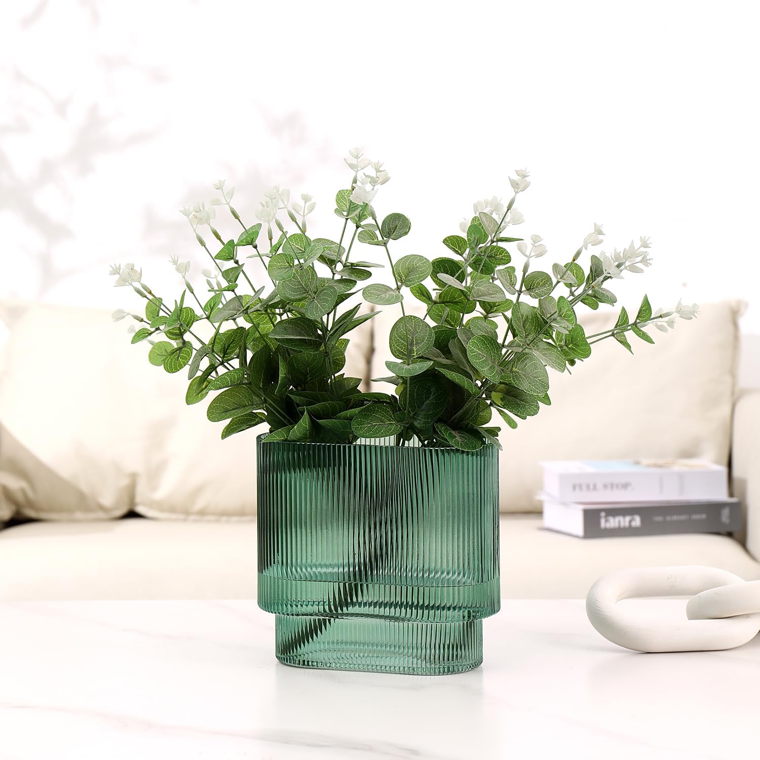 Detalle 2 de KAYLETIN geribbelde glazen vaas, groen, ovaal, met brede opening, 18 cm