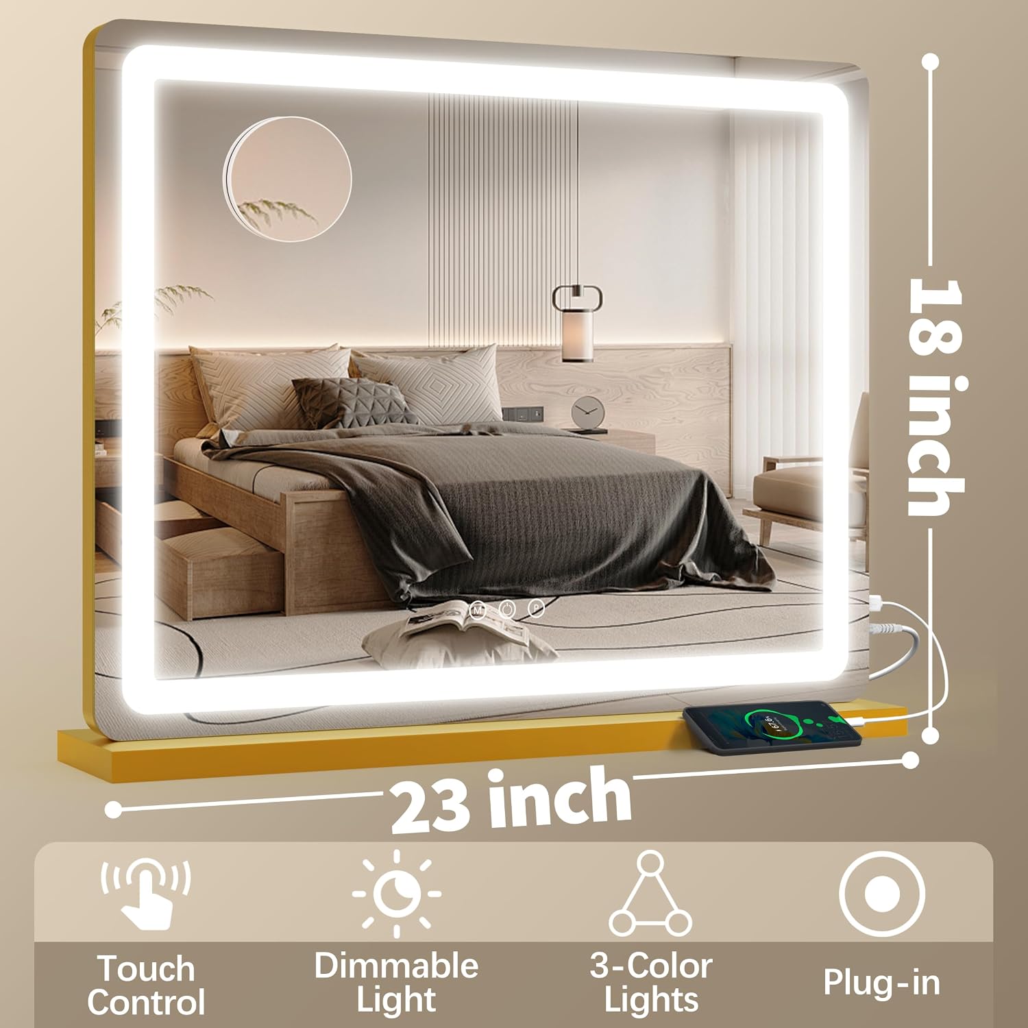 Thumbnail 6 de FENNIO 23" x 18" Vanity Mirror with Lights, Gold Frame, 3 Color Modes