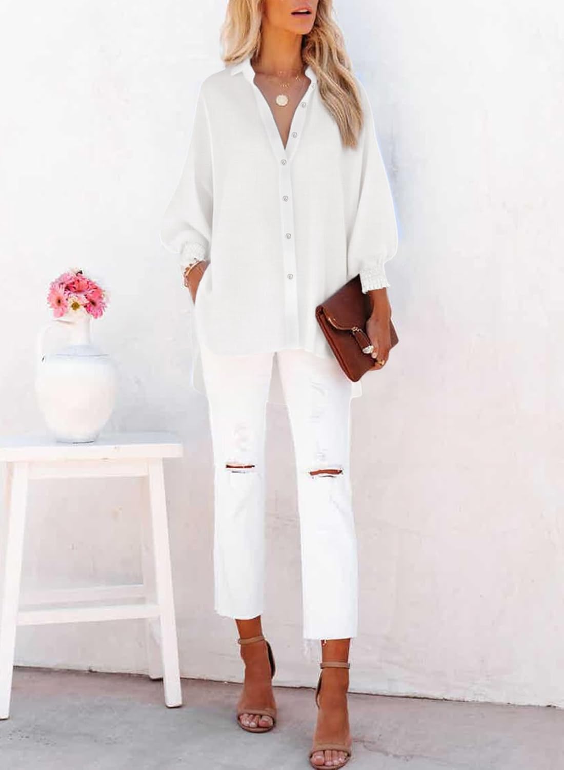 Thumbnail 3 de LEMAFER Women’s Smocked Cuffed Striped Boyfriend Shirt with Pocket