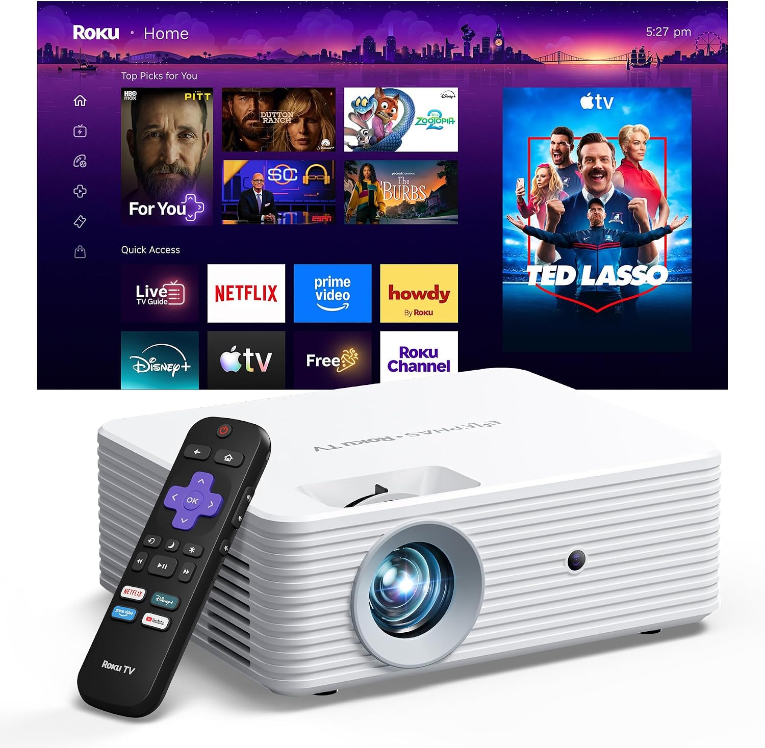 Detalle de ELEPHAS Roku TV Smart Projector, 1280 x 720, Wi-Fi and Bluetooth