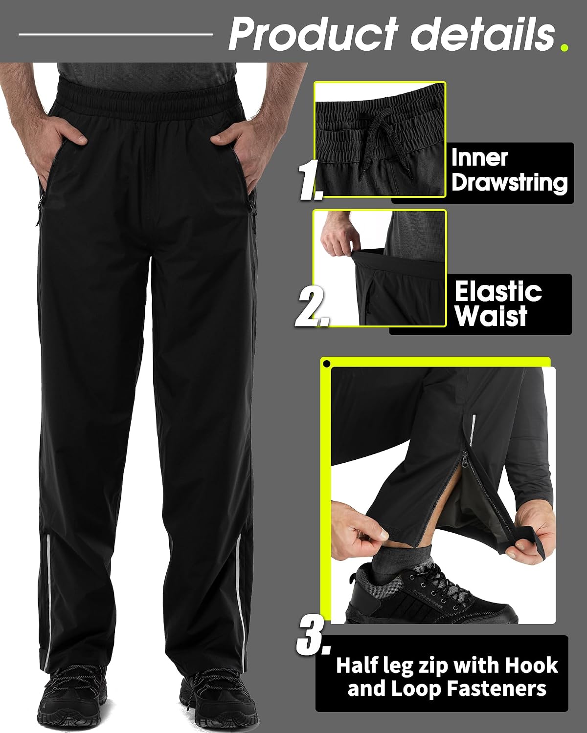 Detalle 1 de 33,000ft Men's Rain Pants with Taped Seams, Mesh Lining and Reflective Stripe