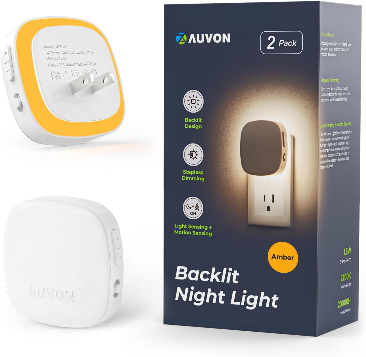 Detalle de AUVON N001A Plug-In LED Backlit Night Light, Amber, Motion Sensor, Dimmable