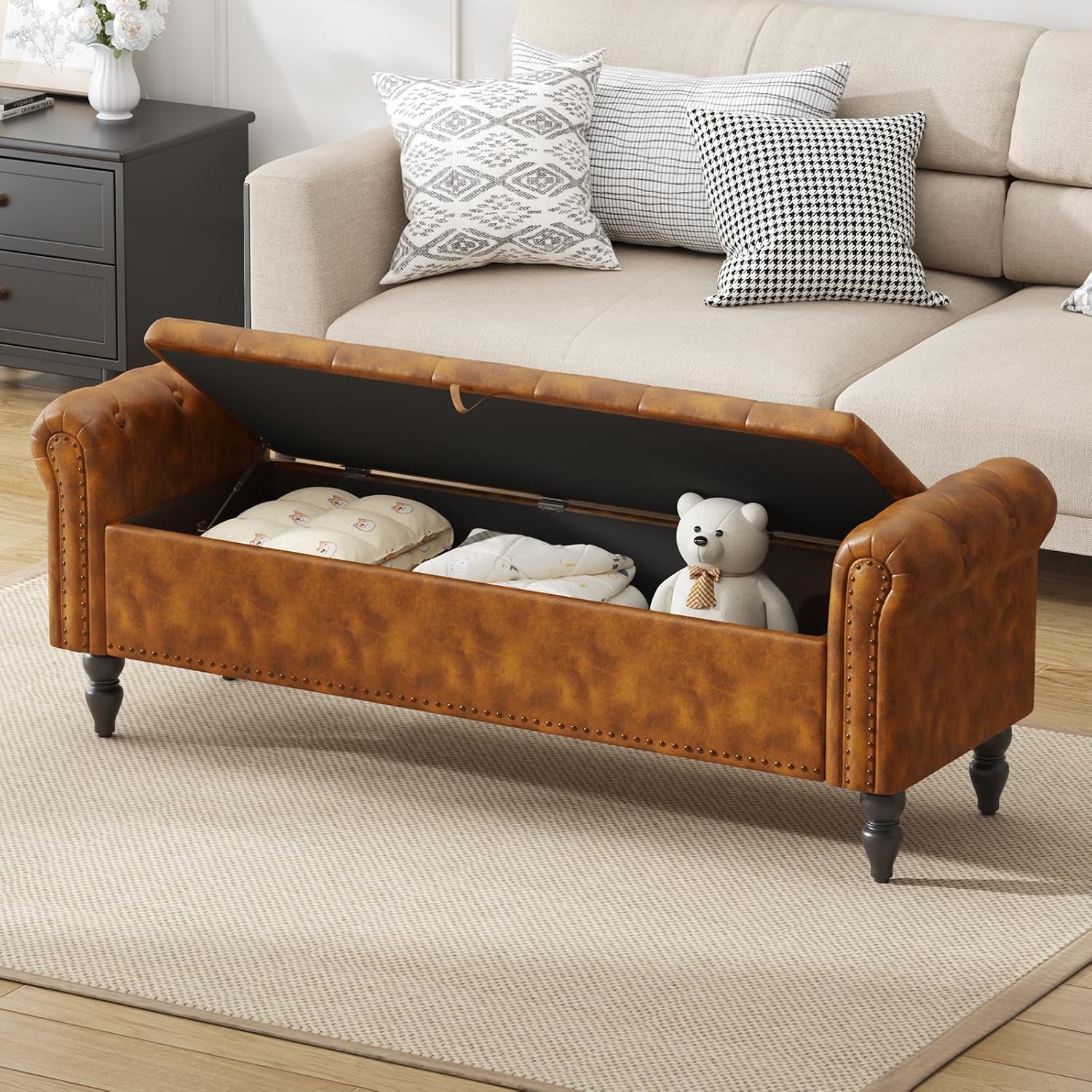 Thumbnail 2 de Ckaff Panca Fondo Letto Matrimoniale 160 cm – Cassapanca contenitore in pelle PU marrone