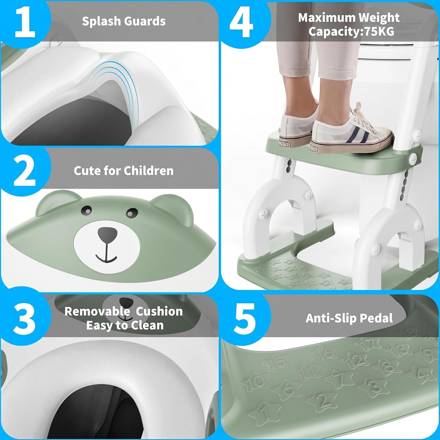 Detalle 2 de Kinder-Toilettensitz mit Treppe (2-in-1) – verstellbar & als Tritthocker nutzbar, Pistazie „Drei Treppe“