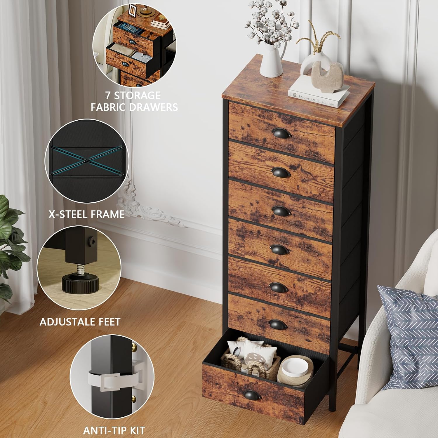 Thumbnail 4 de Furnulem 7-Drawer Dresser Rustic Brown