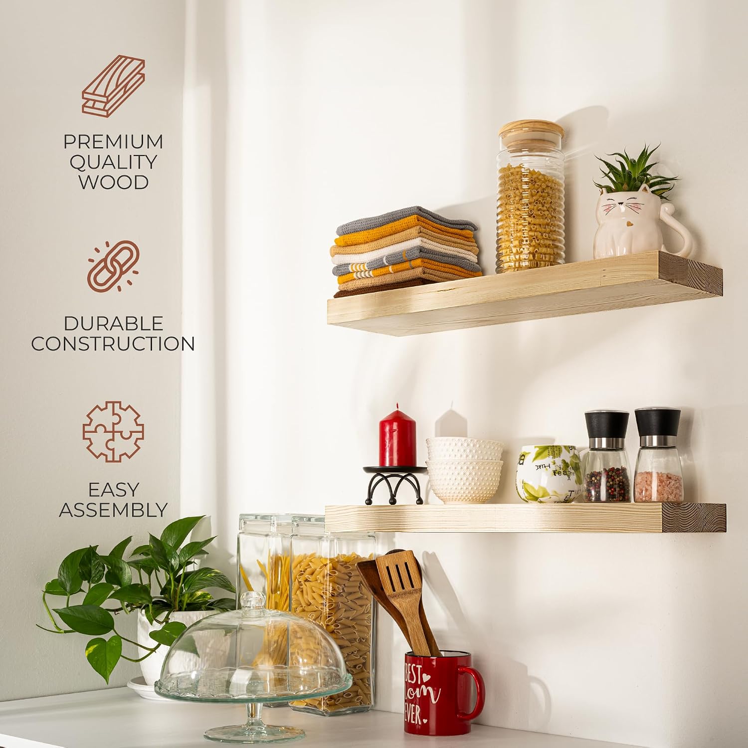 Detalle de houthvige 258369 Natural Pine Floating Shelves, Set of 2, 24-Inch