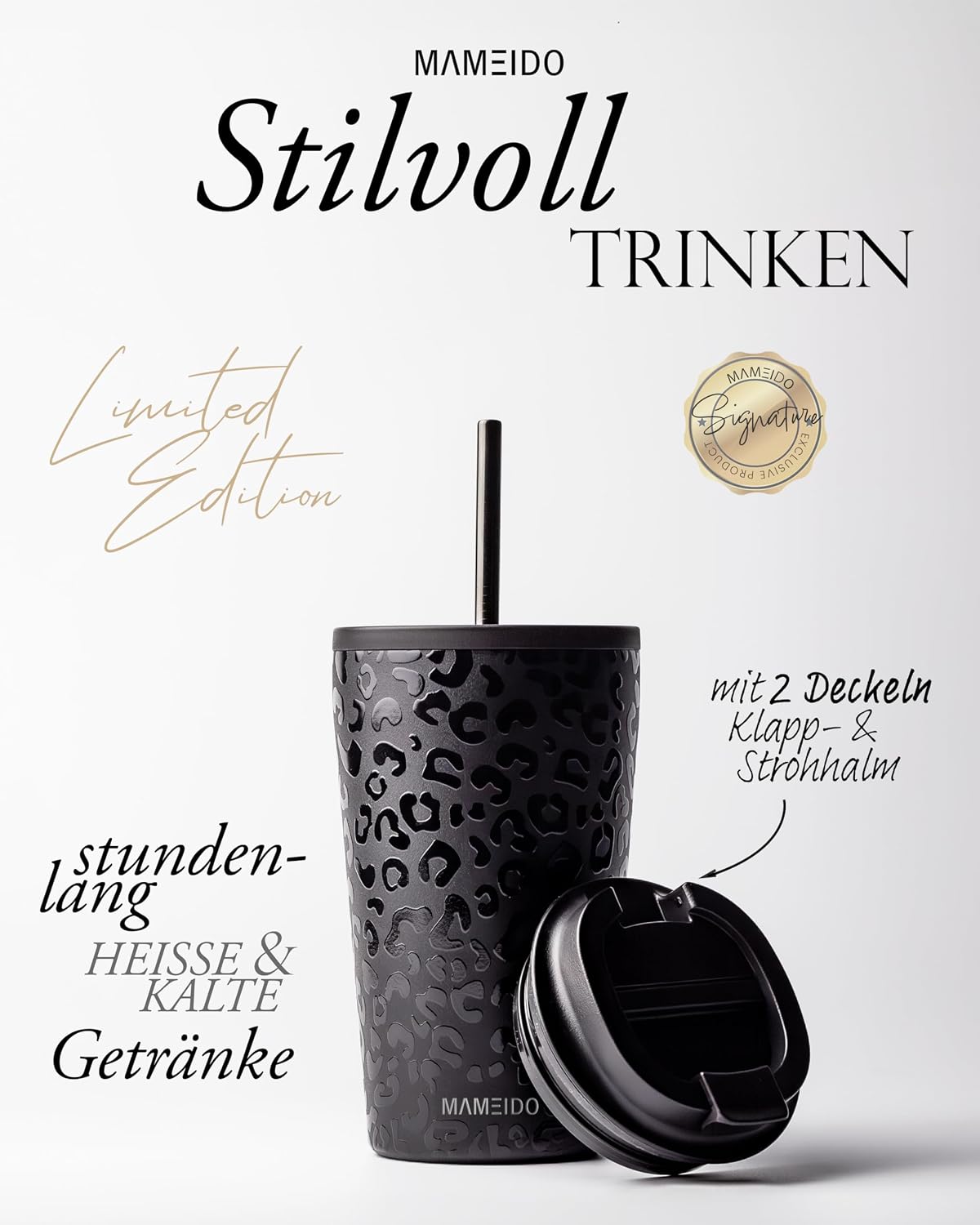 Thumbnail 1 de MAMEIDO Thermobecher mit Strohhalm 470 ml – doppelwandig isoliert, aus Edelstahl 18/8, auslaufsicher mit Deckel und Strohhalm (Animal Print)
