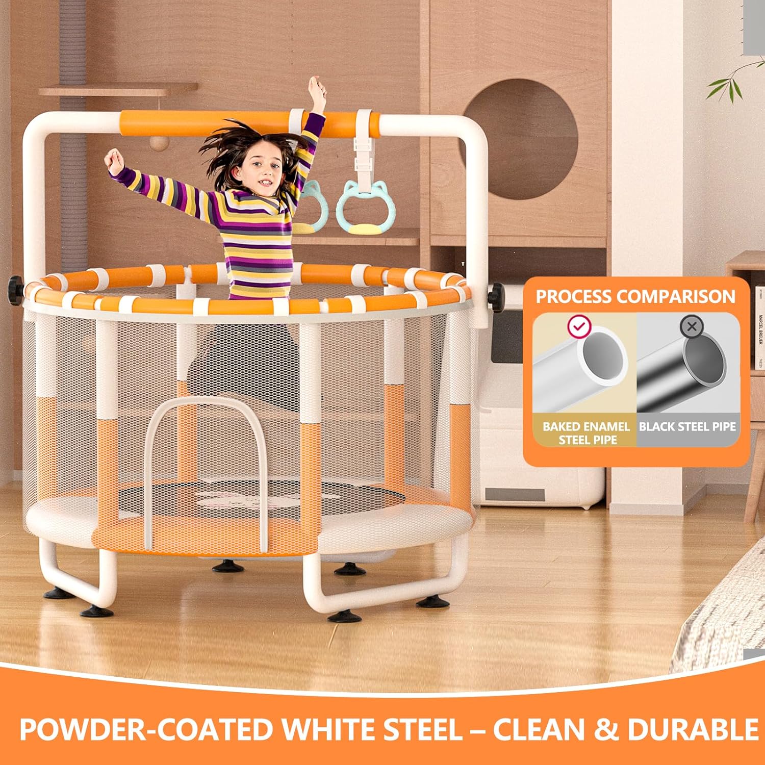 Thumbnail 1 de KINETRA 55" Kids Indoor Trampoline with Safety Net, Adjustable Gymnastics Bar & Toys (Ages 3+)