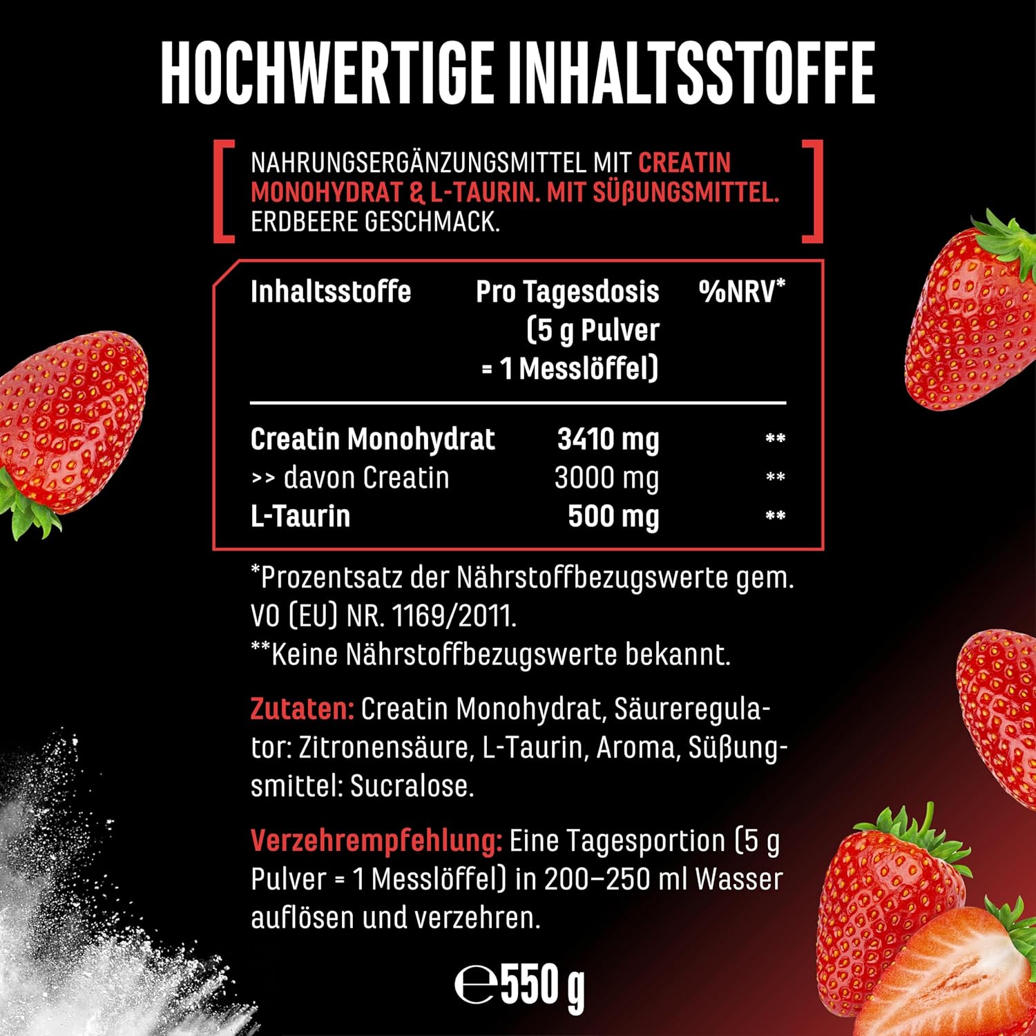 Thumbnail 5 de German Elite Nutrition Flavoured Creatine Pulver (Strawberry) – Creatin-Monohydrat mit L-Taurin, 550 g