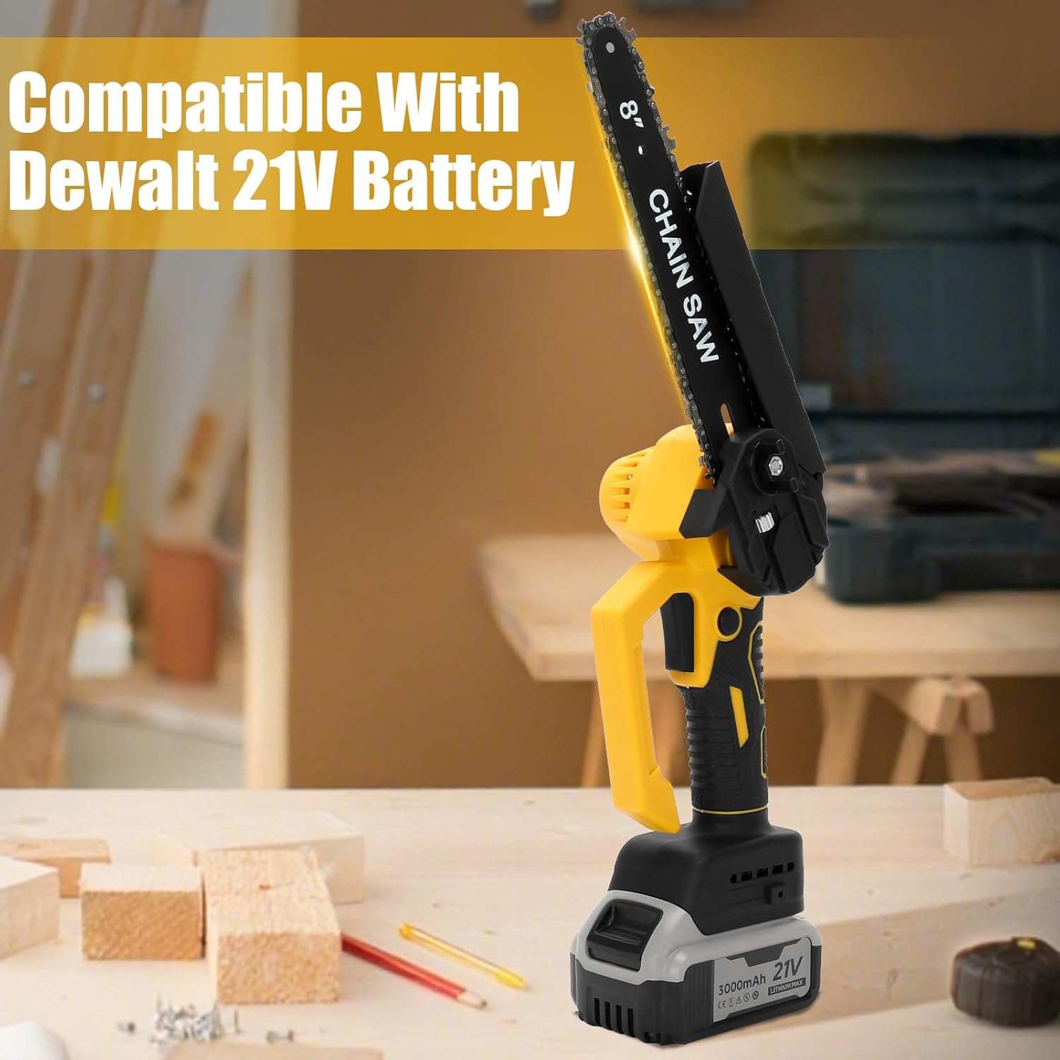 Detalle de panthem 6 Zoll & 8 Zoll Minikettensäge mit 2×3 Ah Akkus – Bürstenlos, Auto-Öler, Ersatzkette, kompatibel mit DeWalt 20V