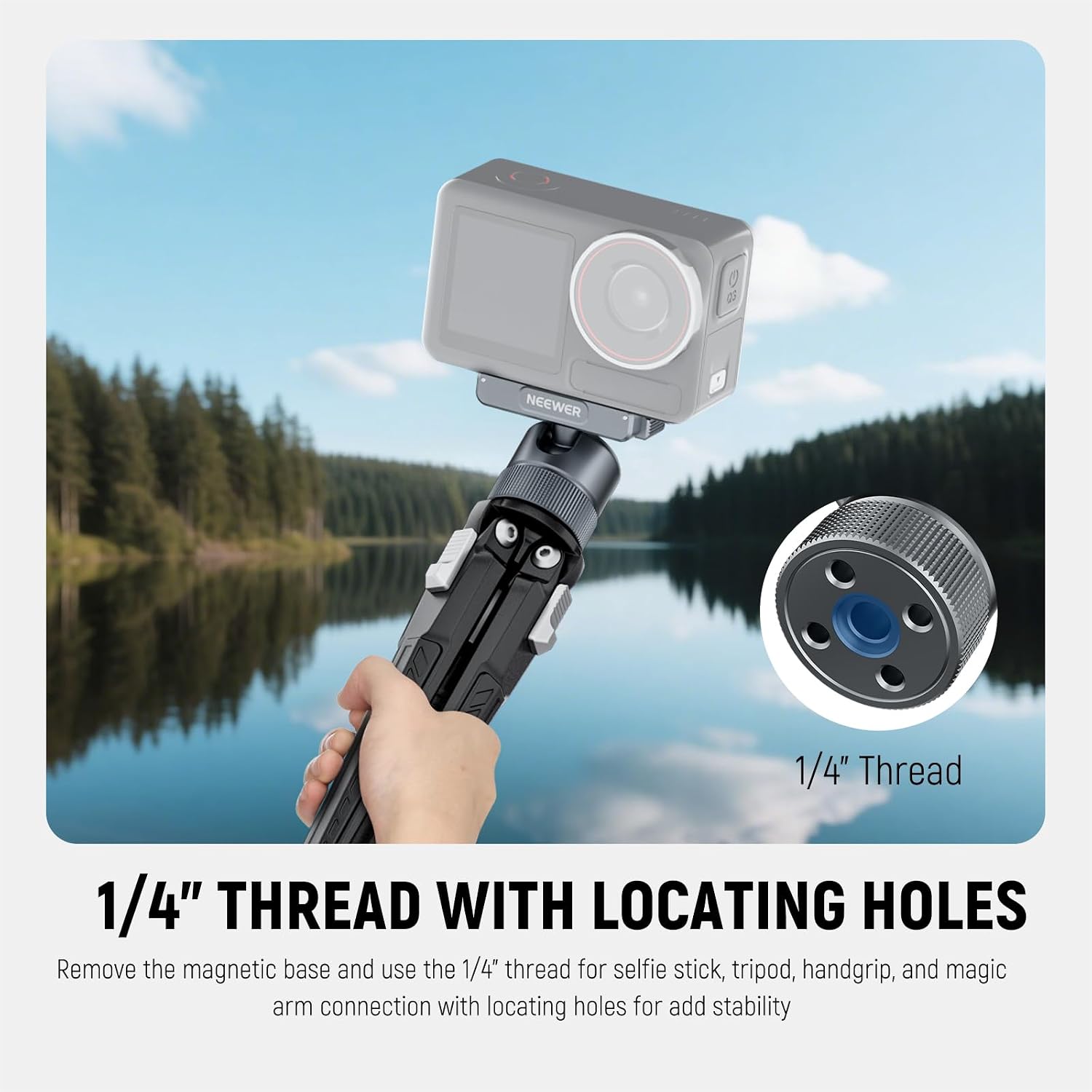 Detalle de NEEWER Support magnétique pour caméra AC013 (gris foncé) avec rotule 360° et filetage 1/4" – compatible DJI Osmo 360 / Action 5 Pro-4-3