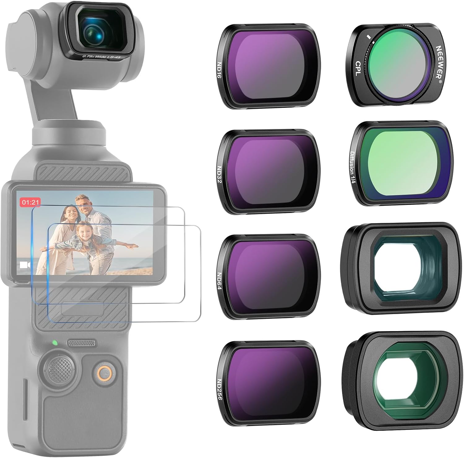 Detalle de NEEWER ND Filterset für DJI Osmo Pocket 3/4 – ND-Filter, CPL, Black Diffusion, Weitwinkel & Makro, Displayschutz im Paket