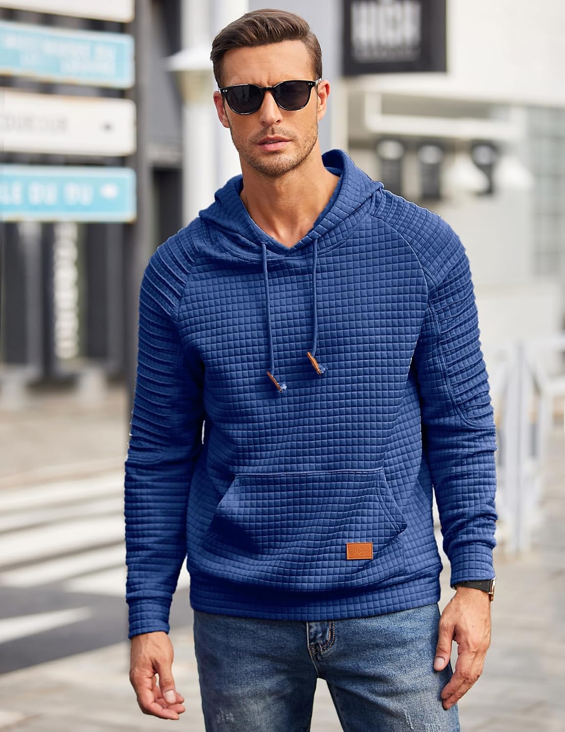 Detalle de COOFANDY Felpa con Cappuccio da Uomo in Maglia Waffle: Comfort casual con tasca a marsupio