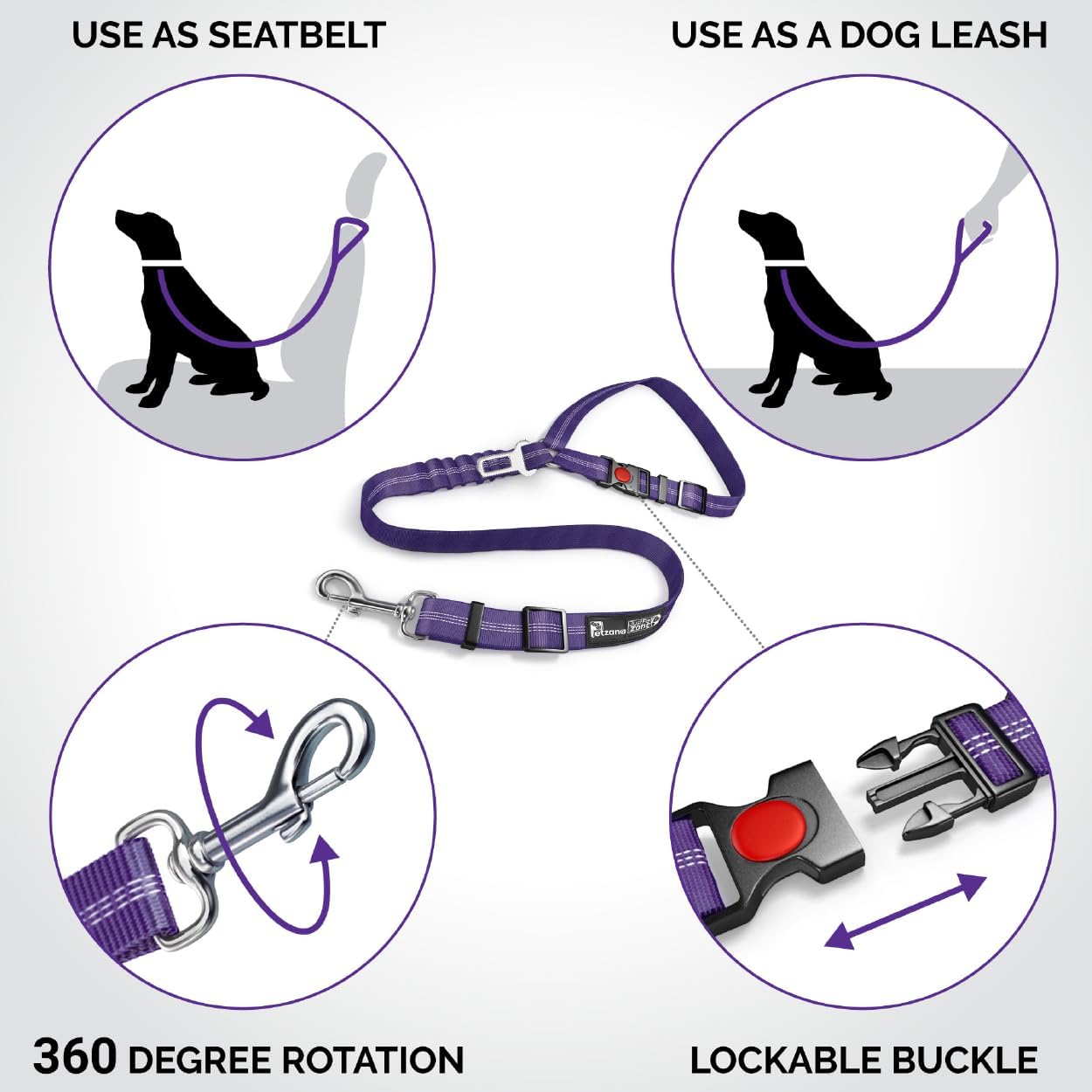 Thumbnail 5 de Comfortable Dog Seat Belt Harness for Car (Purple) – 2-in-1 leash and restraint to headrest with 360° swivel