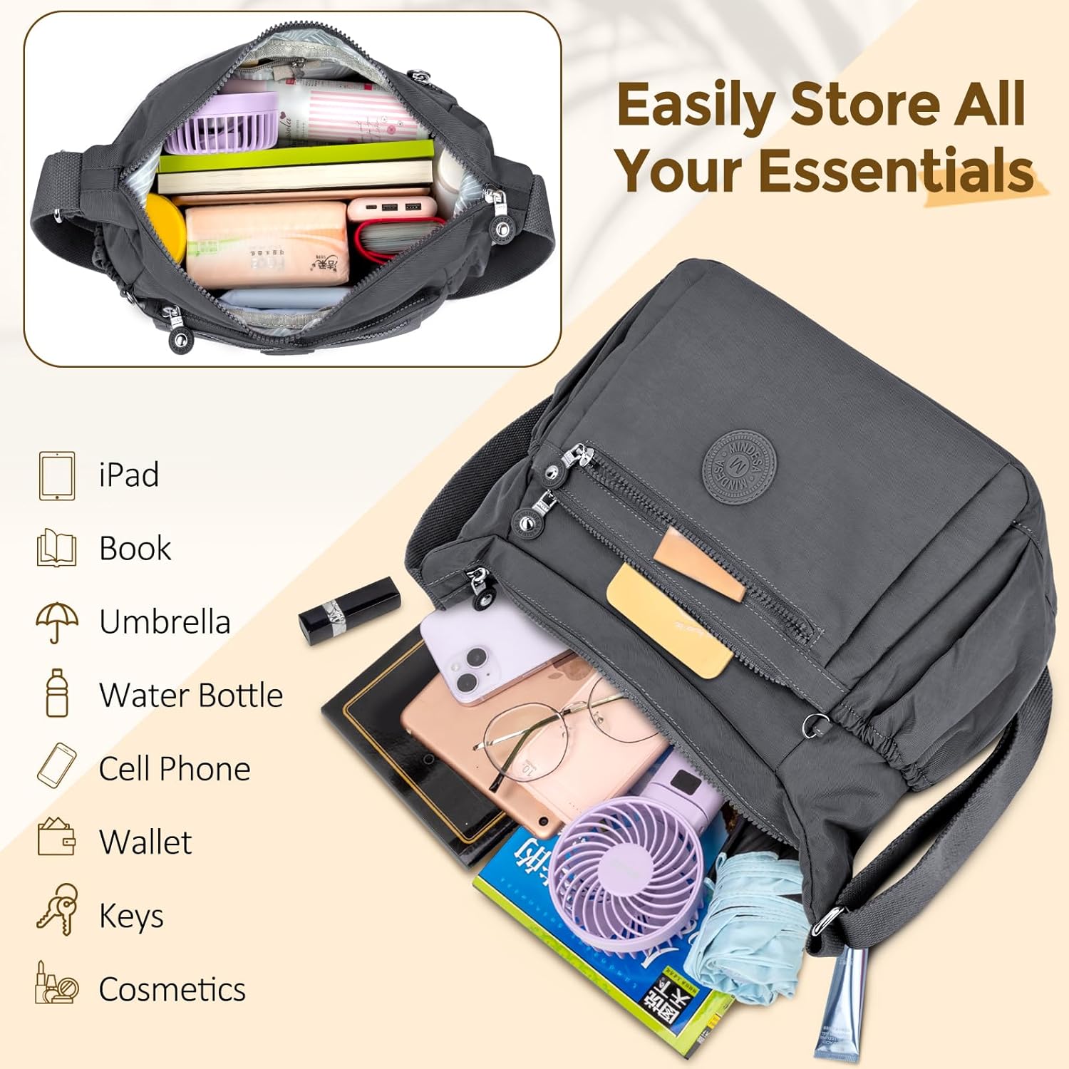 Thumbnail 3 de WACCET große Umhängetasche für Damen – wasserdichtes Nylon, 9 Fächer & verstellbarer breiter Schultergurt