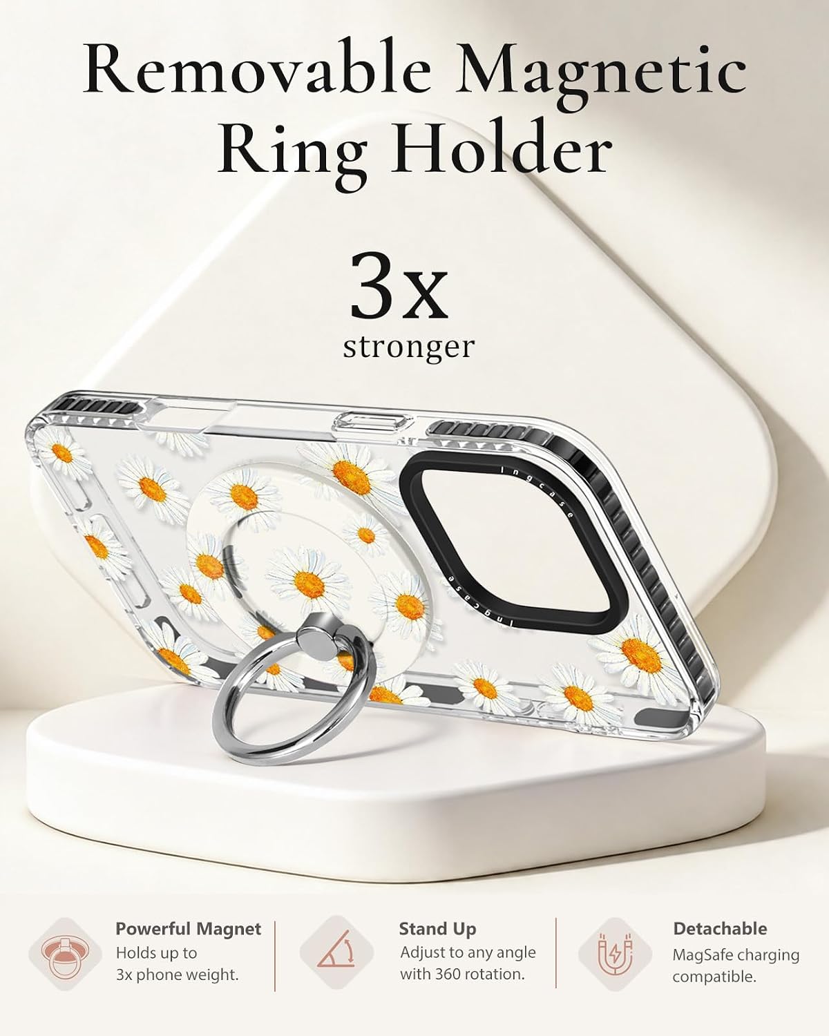 Detalle de Ingcase iPhone 16 Pro Max Case, Daisy Floral TPU with Magnetic Ring Stand