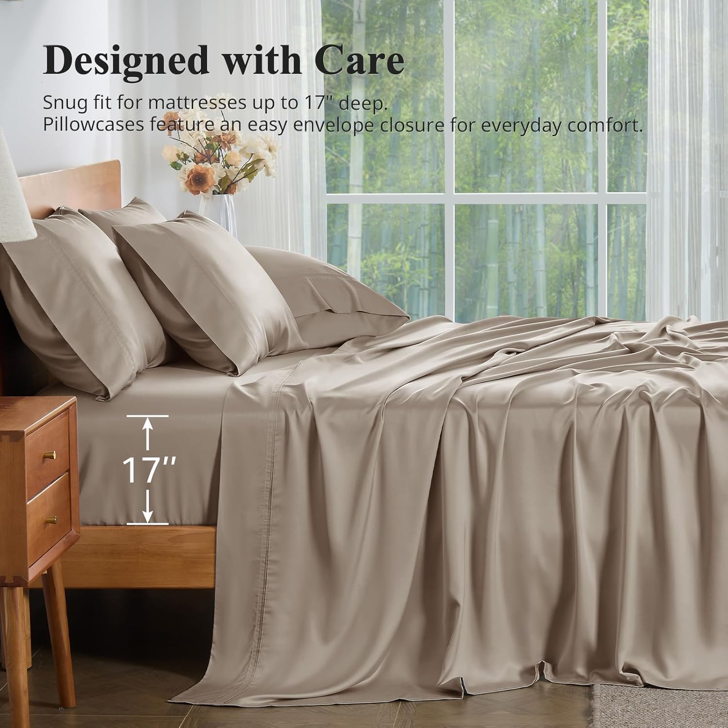 Thumbnail 5 de KRIMANO King Size Bamboo Viscose Sheet Set (4 pcs) – 100% Bamboo-Derived, Deep Pocket up to 17", Taupe