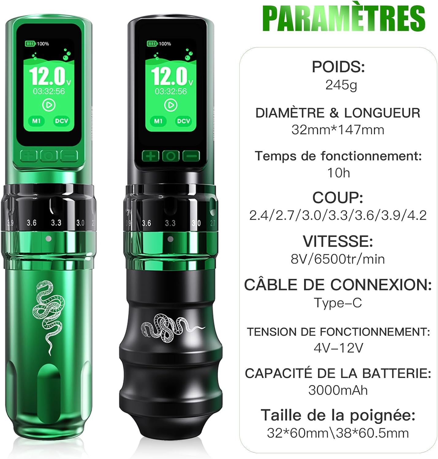 Thumbnail 6 de Dragonhawk Fold Pro « Year of Snake » Mcore-C3 — kit machine à tatouer sans fil 3000 mAh avec 2 piles