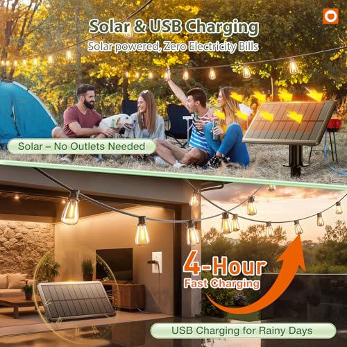 Detalle de addlon 52(48+4) FT Solar String Lights: Remote-Dimmable, All-Weather Edison-Style Outdoor Ambience