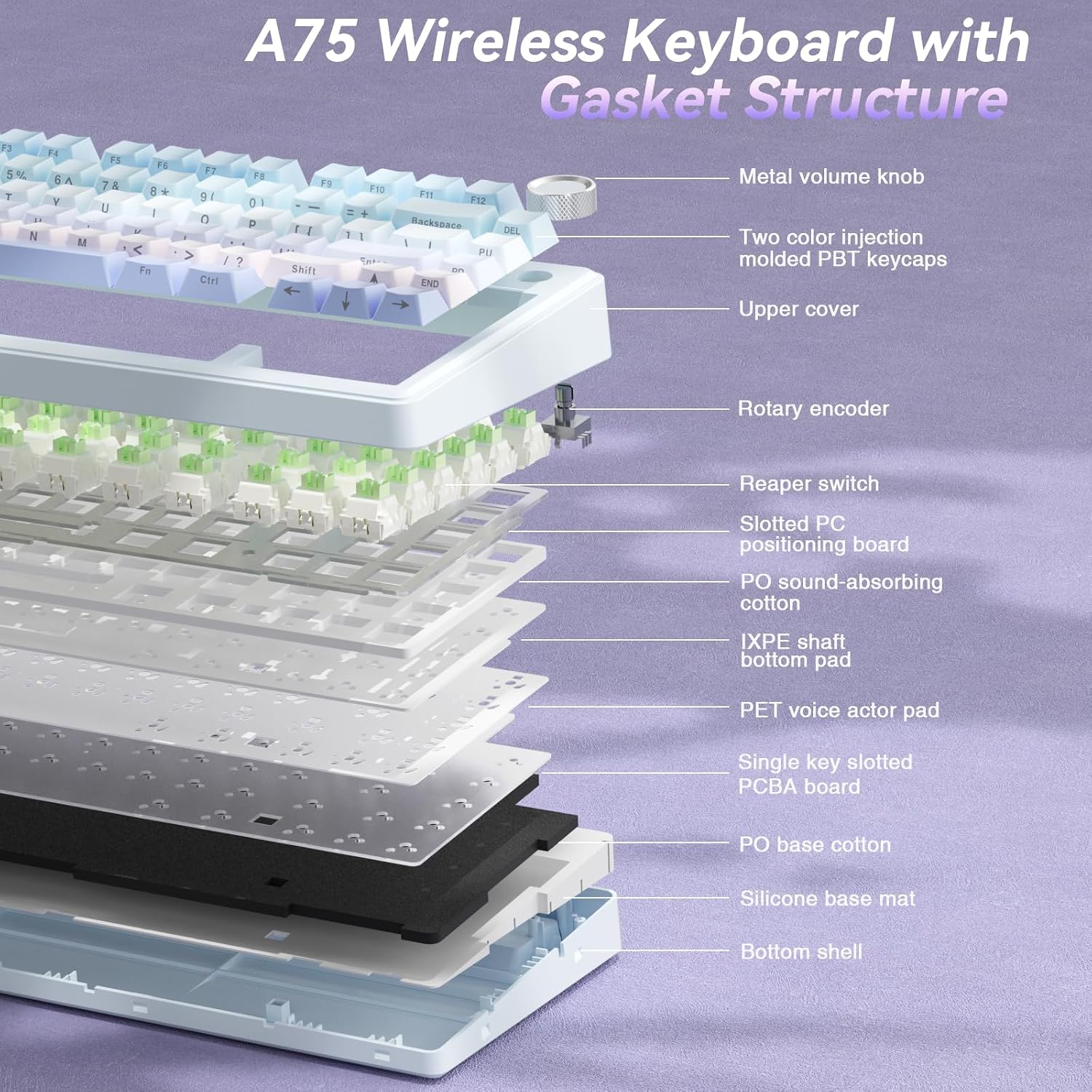 Detalle 2 de SOLAKAKA A75-Gradient-BluePurple 75% Wireless Mechanical Keyboard, RGB, Hot-Swappable