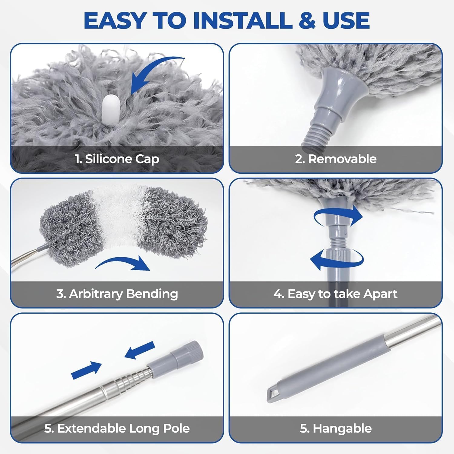 Thumbnail 5 de Feather Duster 7-piece extendable, bendable, washable cobweb brush kit (up to 100 inches) – Grey
