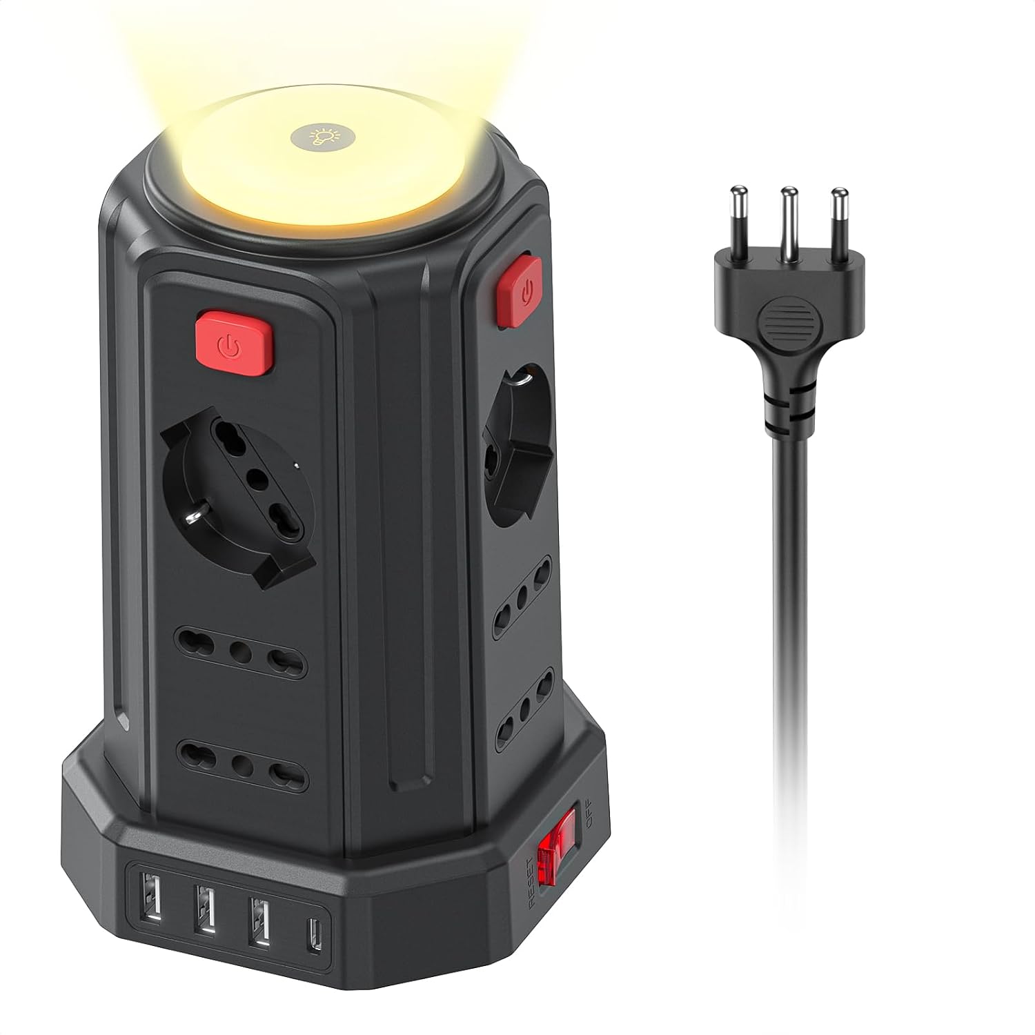 KEMELO 2 M ciabatta elettrica multipresa verticale con luce notturna, 12 prese e 3 USB-A + 1 USB-C
