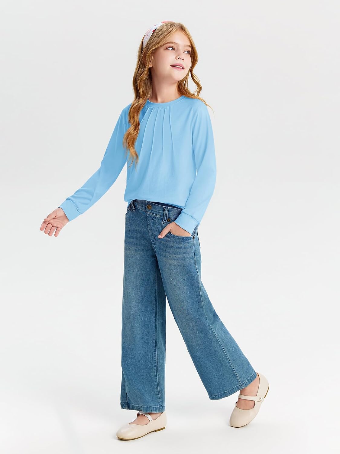 Detalle 1 de Haloumoning meisjes-T-shirt met lange mouwen, ronde hals en effen basic look