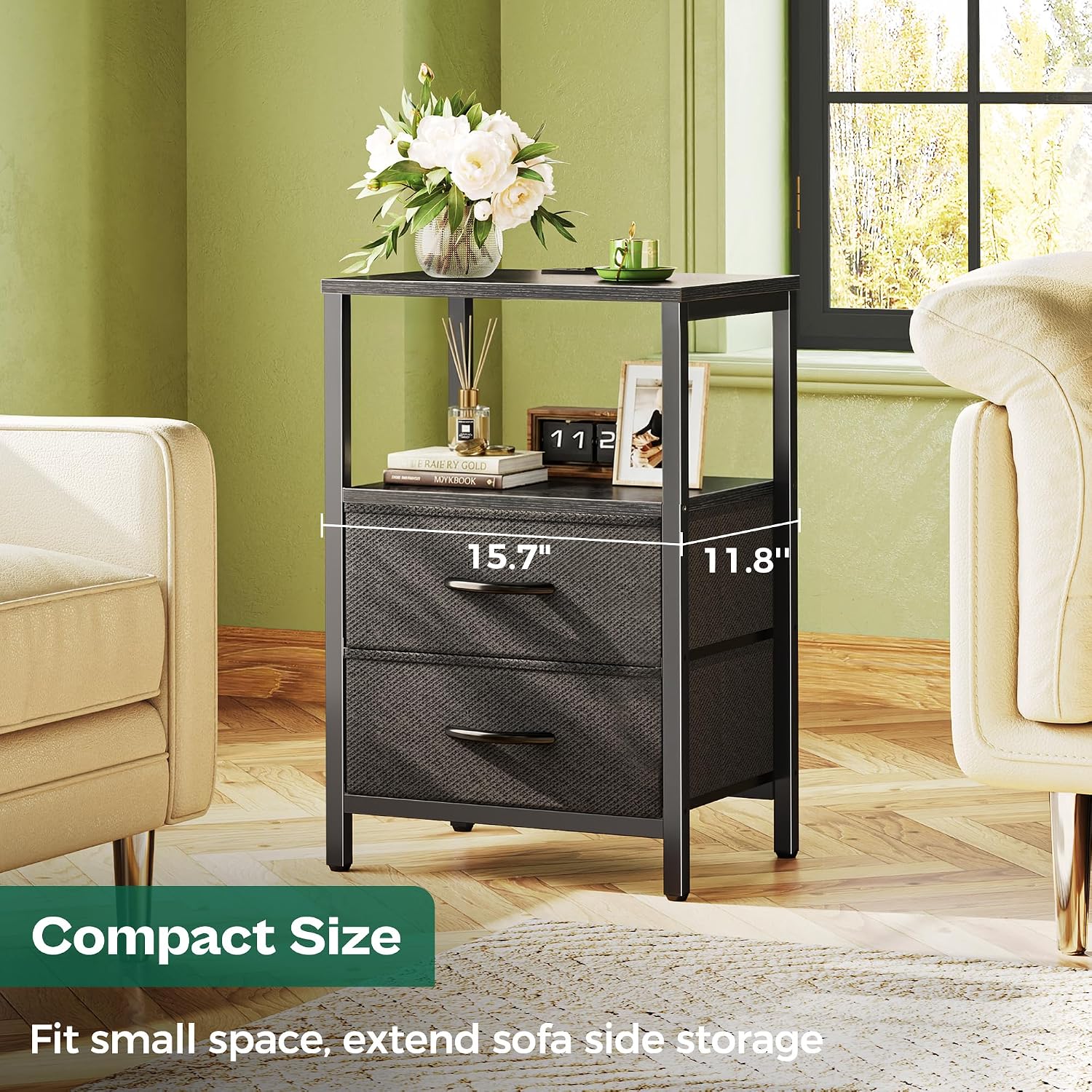 Thumbnail 5 de Huuger Nightstand with Charging Station, 4 Fabric Drawers and Open Shelf