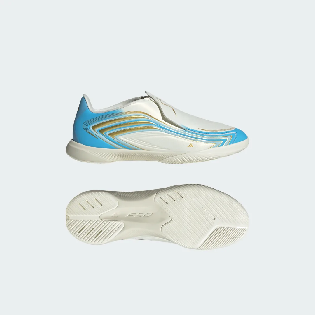 Detalle de Bota de fútbol sin cordones F50 Messi League Indoor de Adidas: comodidad sin cordones para fútbol sala