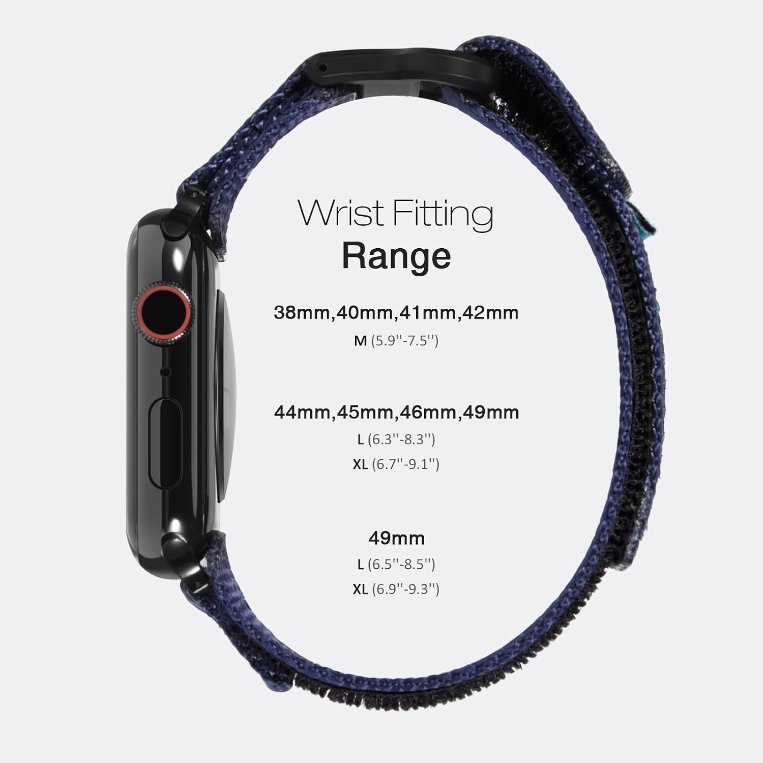 Detalle de Nereides Nylon Sport Replacement Strap for Apple Watch – 46/45/44/49mm, Blue (Size L, 6.3–8.3 in / 160–210mm)